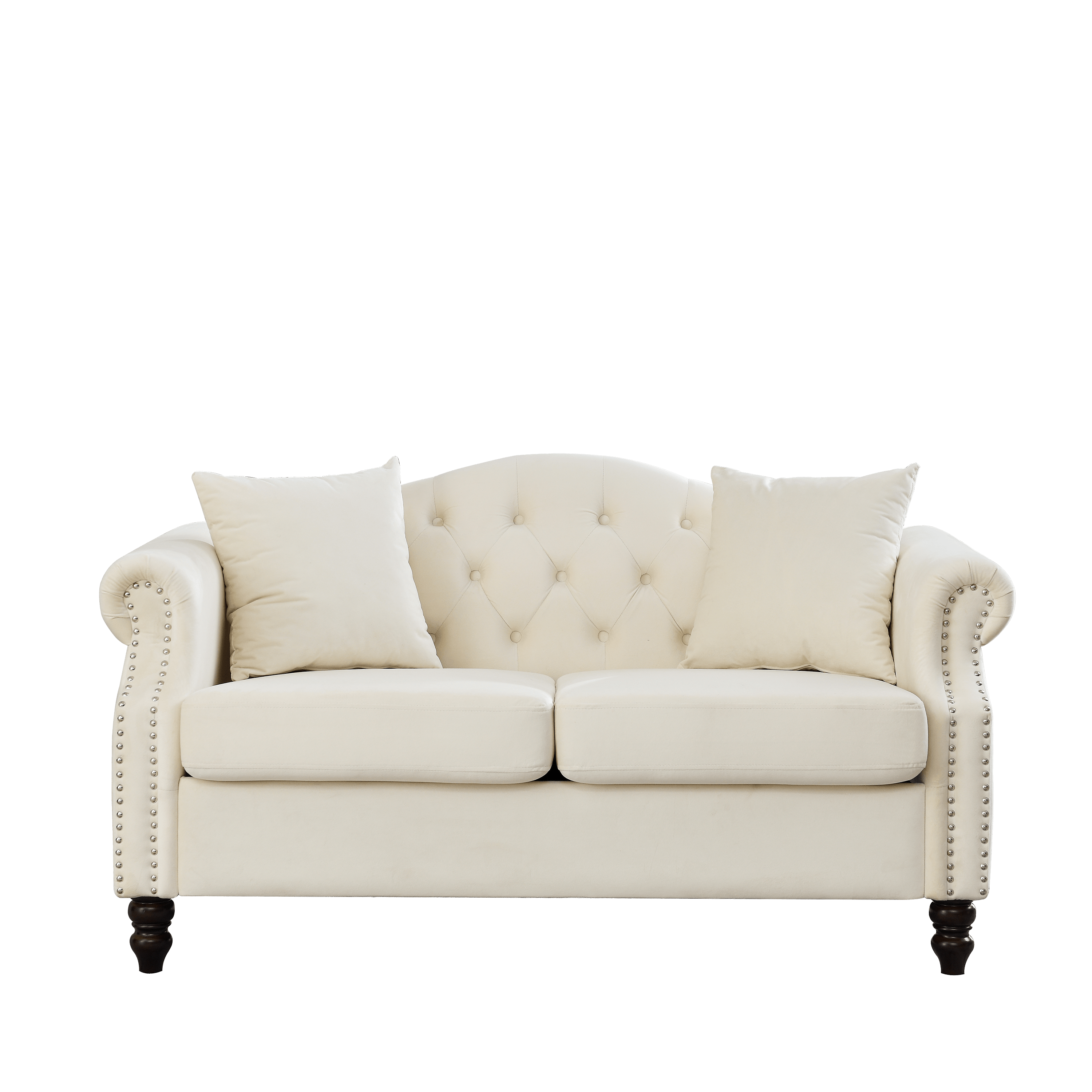 57" Chesterfield Sofa Grey Velvet for Living Room, 2 Seater Sofa Tufted Couch with Rolled Arms and Nailhead, with 2 Pillows