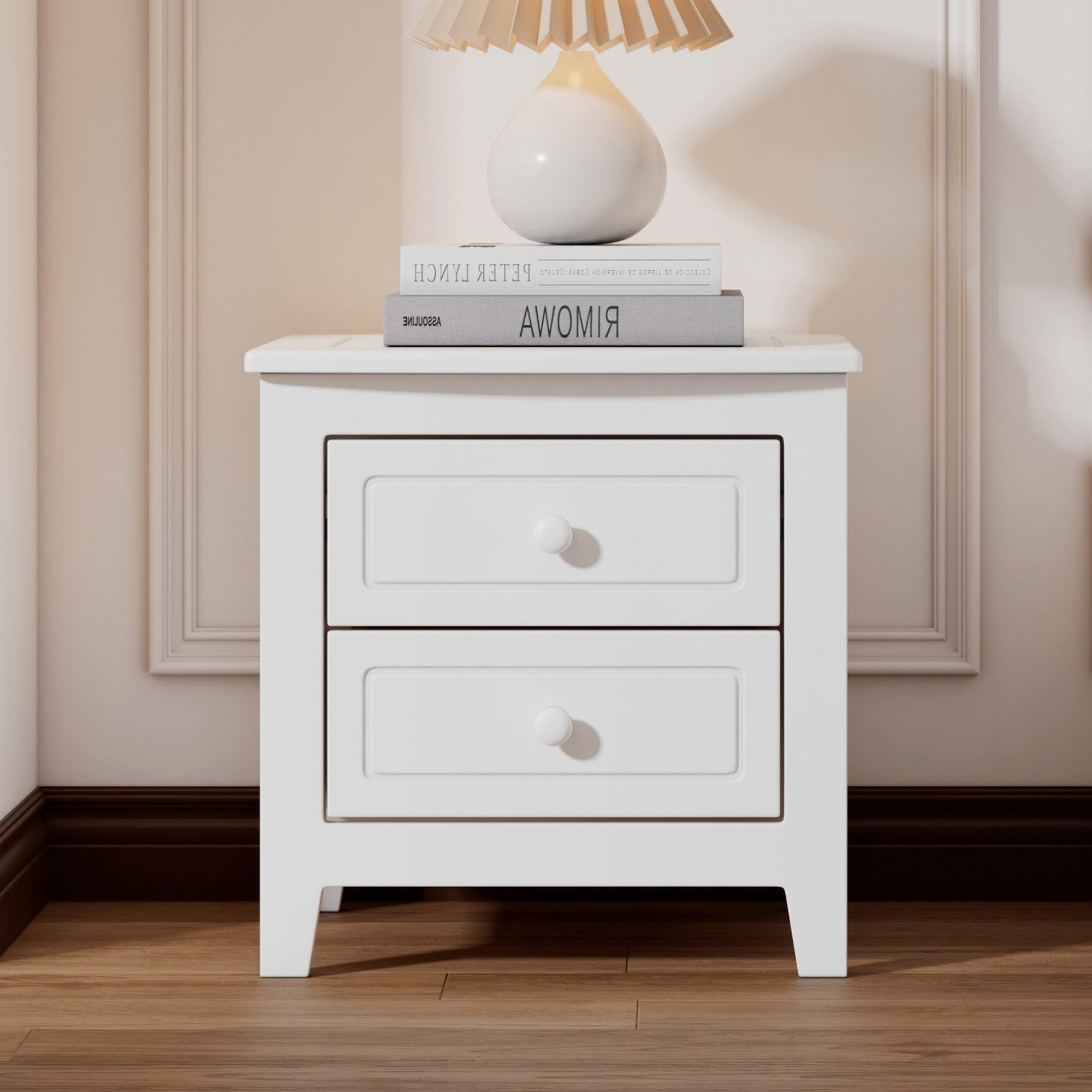 🆓🚛 2-Drawer Nightstand for Bedroom, Mid Century Retro Bedside Table With Classic Design, White