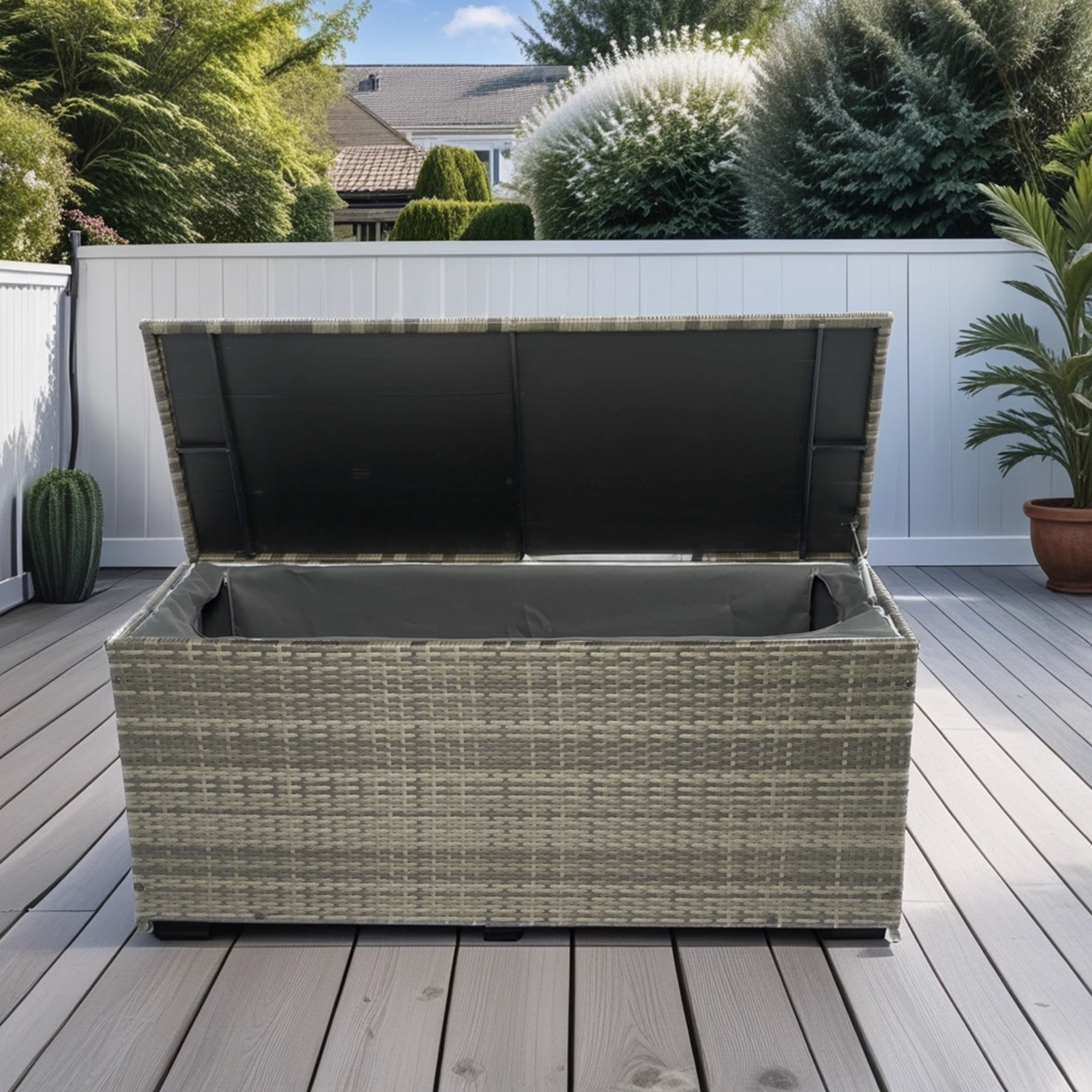 🆓🚛 Outdoor Storage Box, 113 Gallon Wicker Patio Deck Boxes With Lid, Outdoor Cushion Storage for Kids Toys, Pillows, Towel Gray Wicker