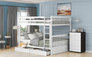 Full-Over-Full Bunk Bed with Ladders and Two Storage Drawers (White)