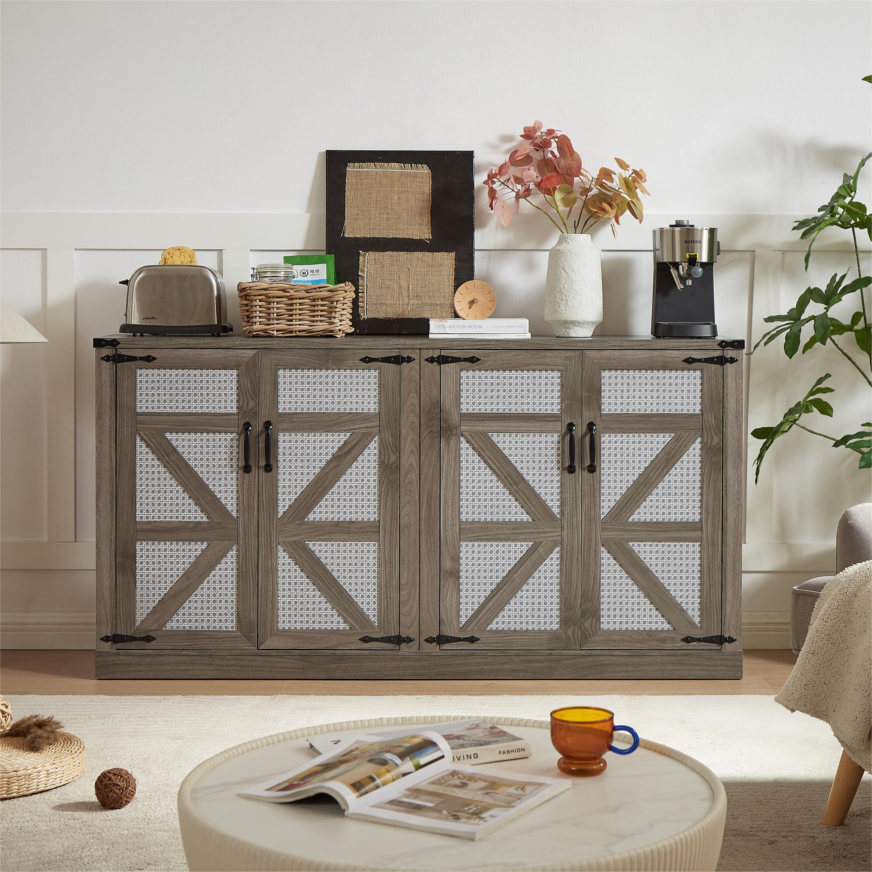 65" Slate Gray Faux Rattan Sideboard with Barn Doors Rustic Sideboard, 4-Door Storage for Living Room, Entryway, Bedroom, Dining Room