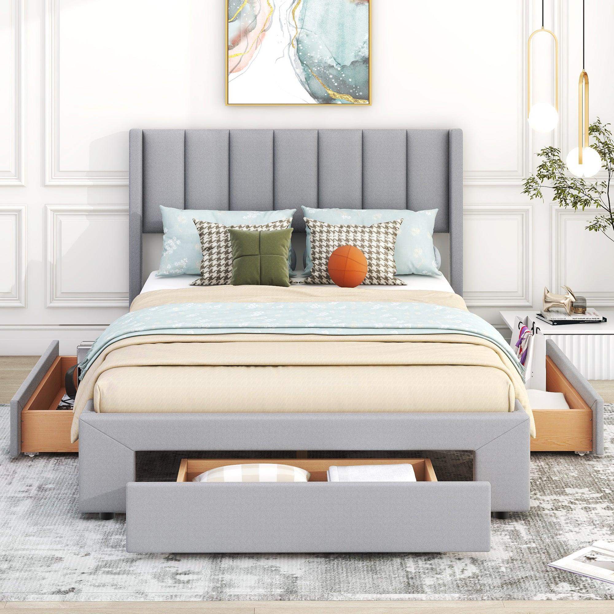 Full Size Upholstered Platform Bed with One Large Drawer in the Footboard and Drawer on Each Side, Gray