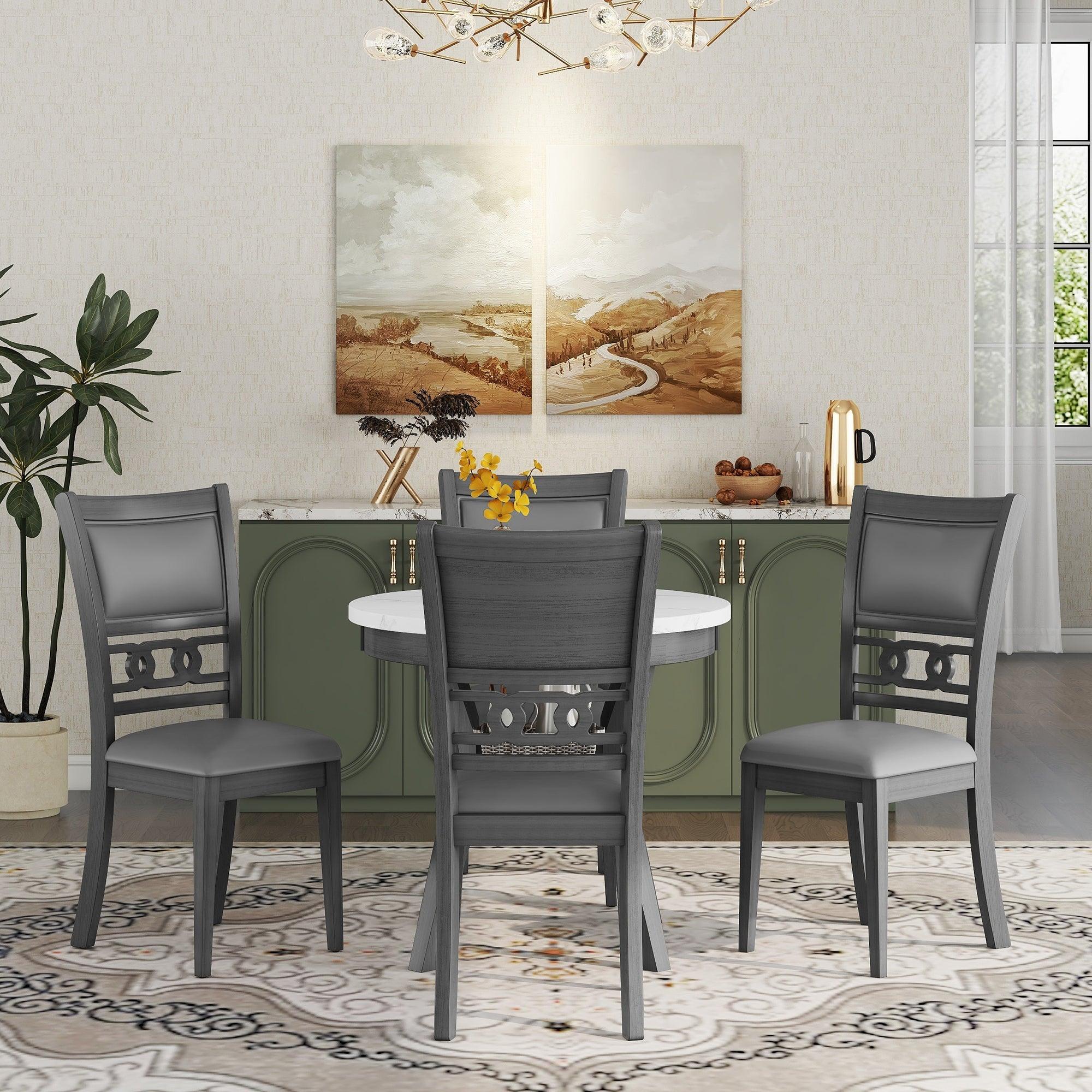 🆓🚛 5-Piece Dining Round Table Set With One Faux Marble Top Dining Table & Four Pu-Leather Chairs, Gray