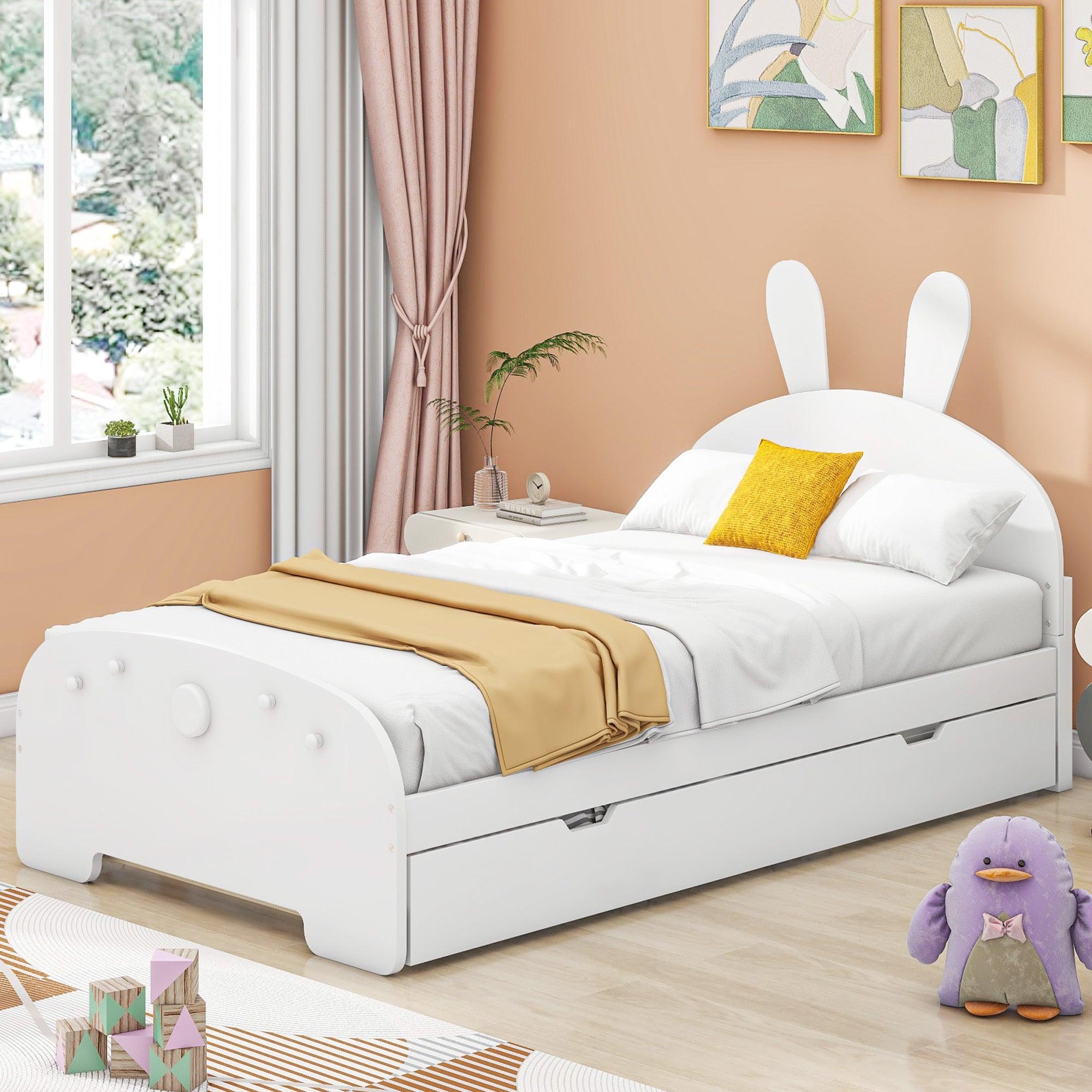 🆓🚛 Wood Twin Size Platform Bed With Cartoon Ears Shaped Headboard & Trundle, White