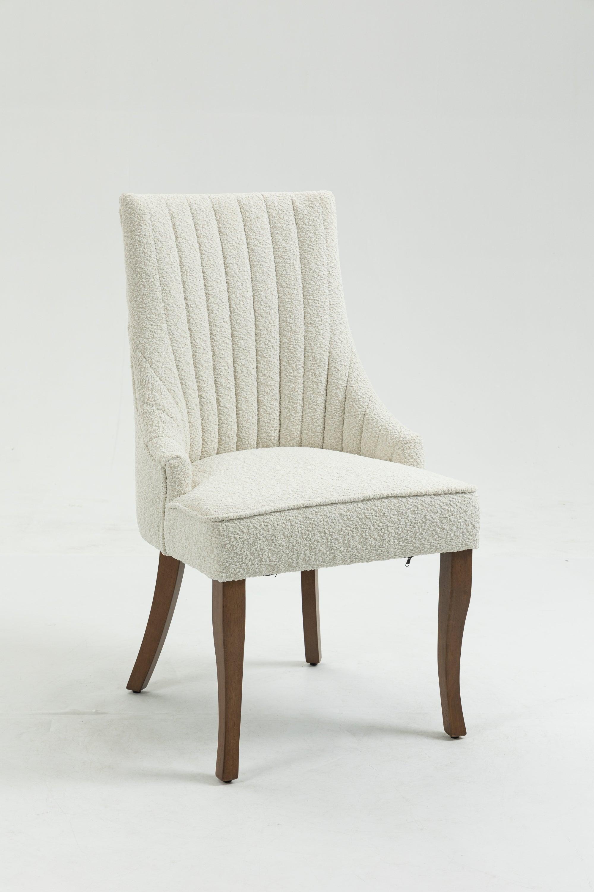 Exquisite White Boucle Upholstered Strip Back Dining Chair with Solid Wood Legs 2 Pcs