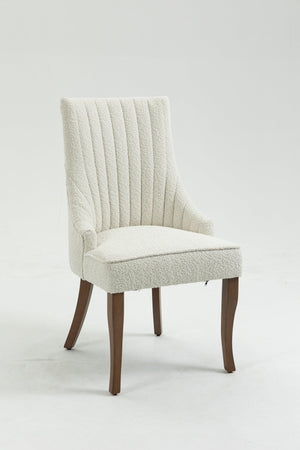 Exquisite White Boucle Upholstered Strip Back Dining Chair with Solid Wood Legs 2 Pcs