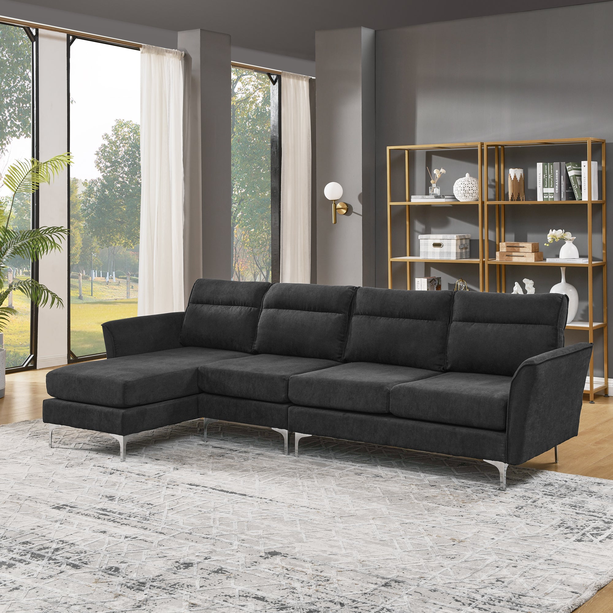 113" Modern Sofa 4-Seat Couch With Stainless Steel Trim and Metal Legs for Living Room, New Package Compression Sofa Technology, Black