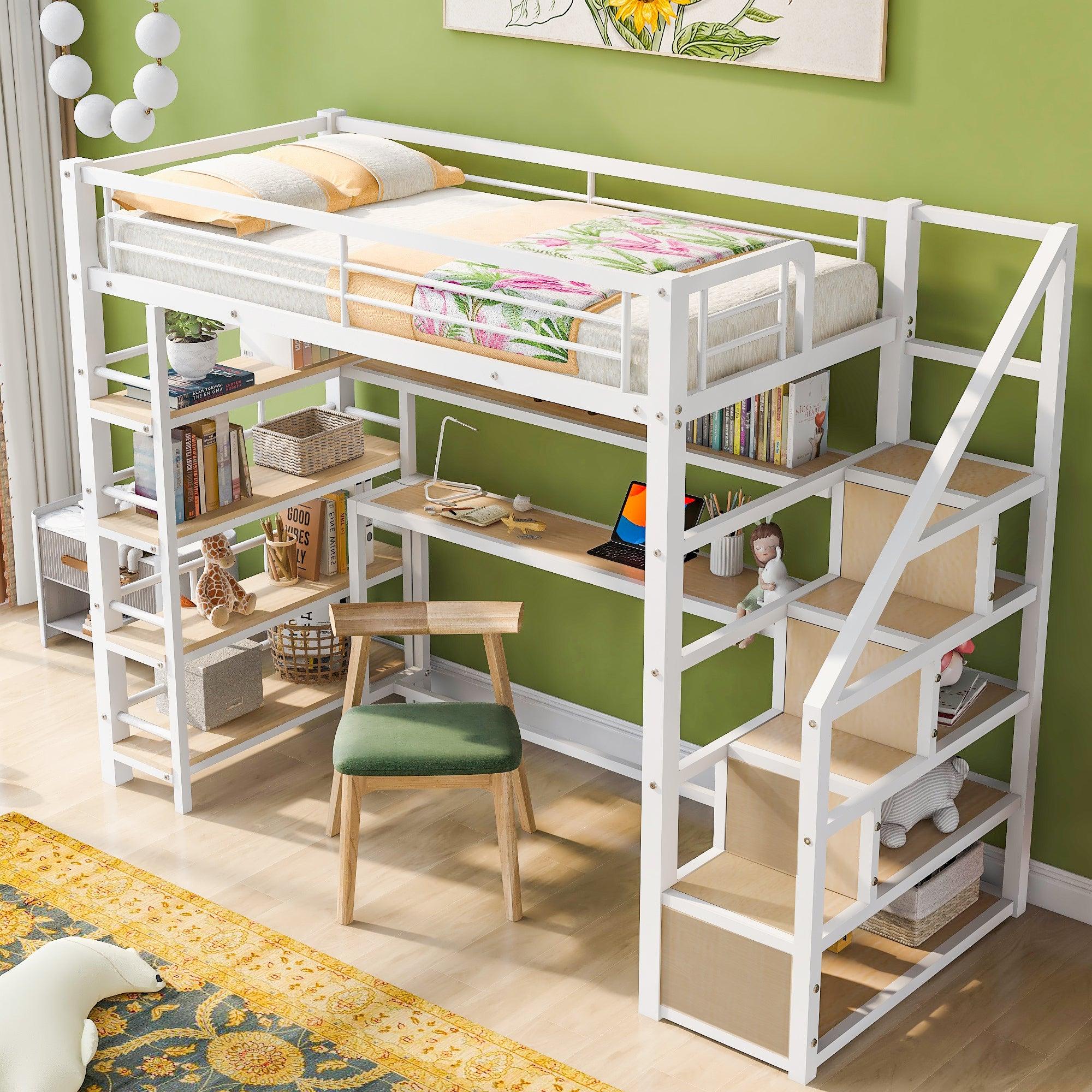 🆓🚛 Twin Size Metal Loft Bed With Staircase, Built-in Desk & Storage Shelves, White