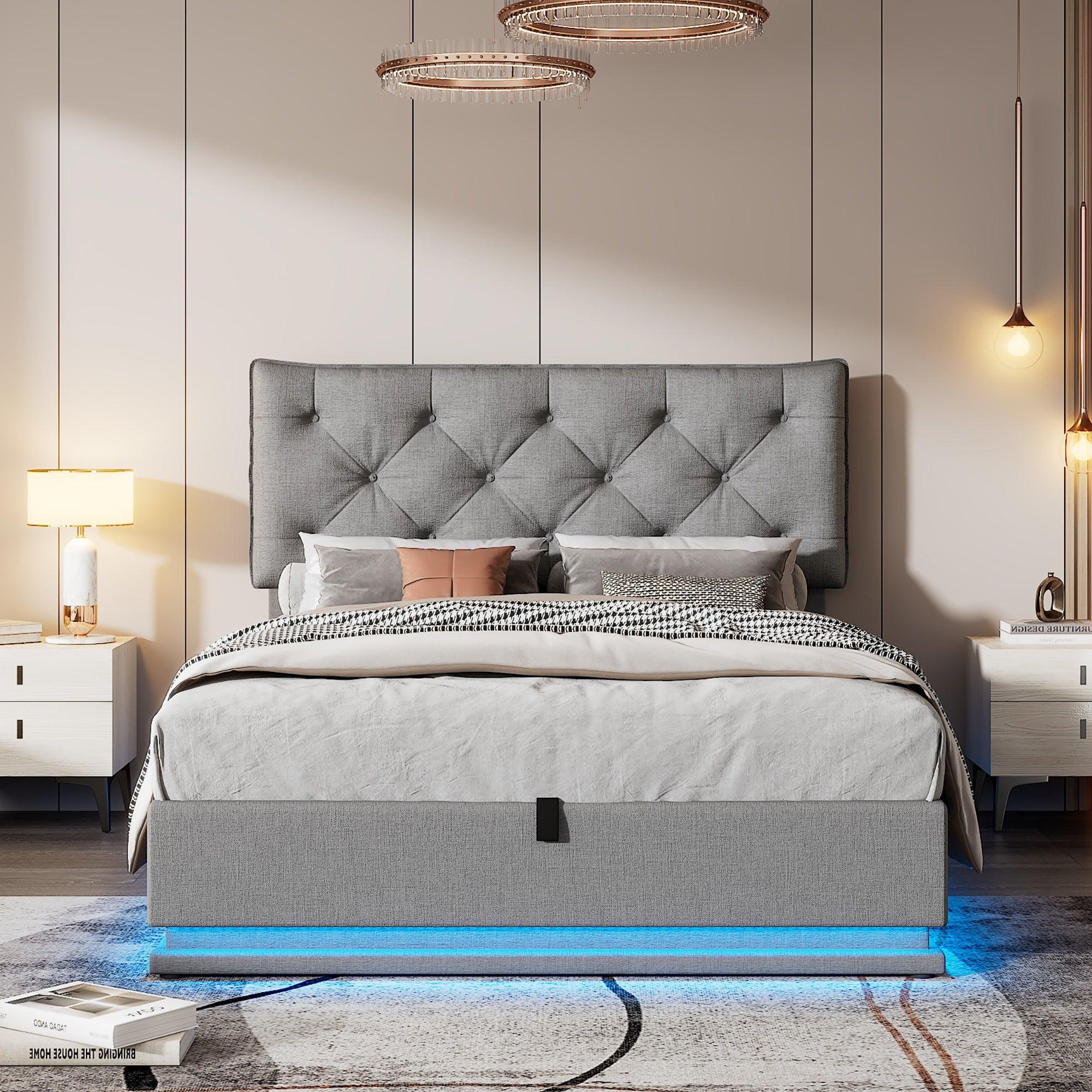🆓🚛 Full Size Upholstered Bed With Hydraulic Storage System & Led Light, Modern Platform Bed With Button-Tufted Design Headboard, Gray