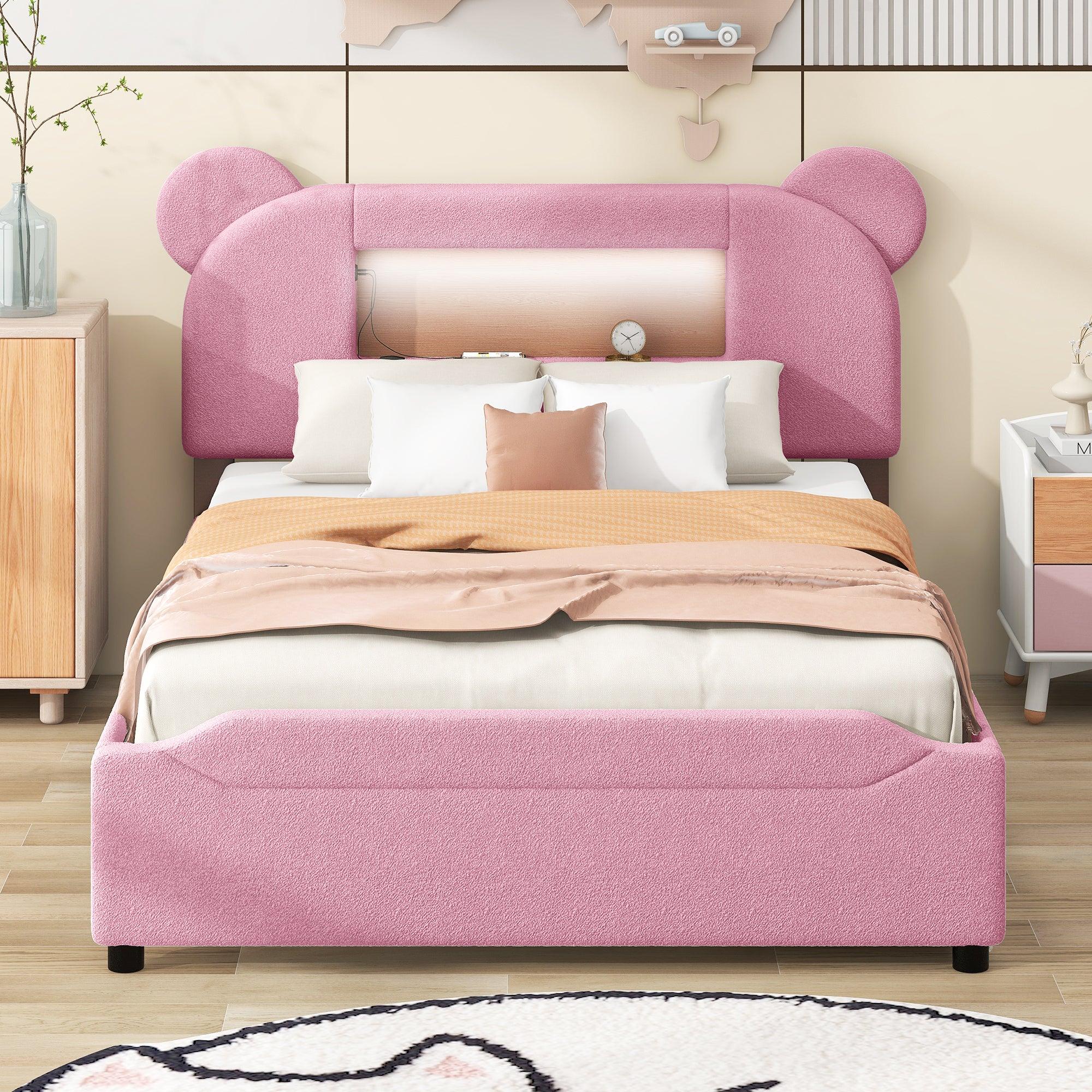 Full Size Upholstered Storage Platform Bed with Cartoon Ears Headboard, LED and USB, Pink