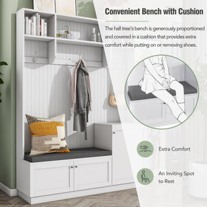 Elegant Design Hall Tree With Comfort And Storage Solutions, Functional Hallway Shoe Cabinet With Bench & Cushion, Modern Coat Rack With Hooks For Entryways, White