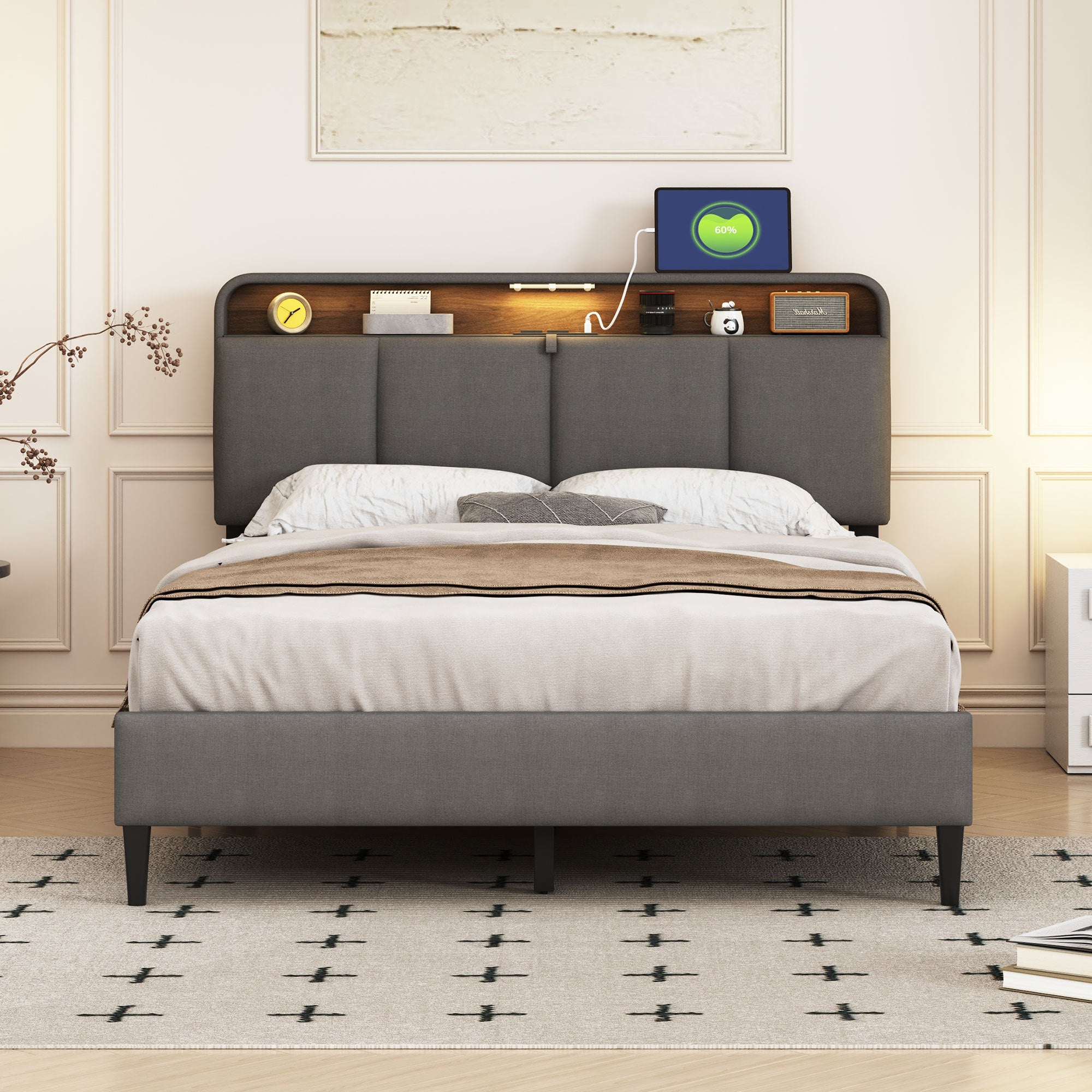 🆓🚛 Full Size Upholstered Platform Bed With Storage Headboard, Sensor Light and a Set of Sockets and Usb Ports, Linen Fabric, Gray
