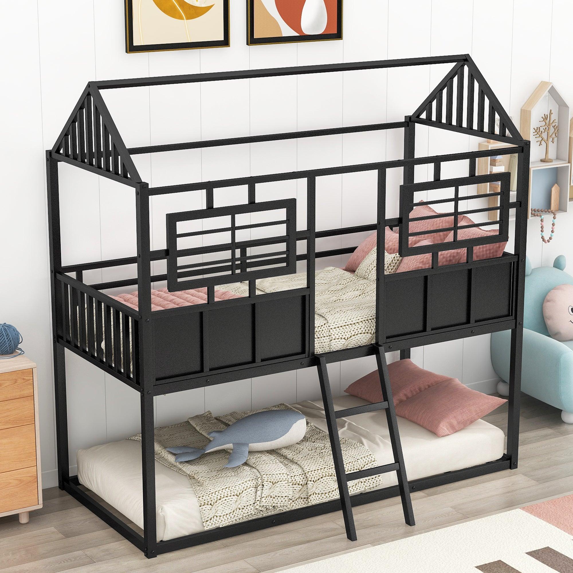 🆓🚛 Twin Over Twin Size Metal Low Bunk Beds With Roof & Fence-Shaped Guardrail, Black