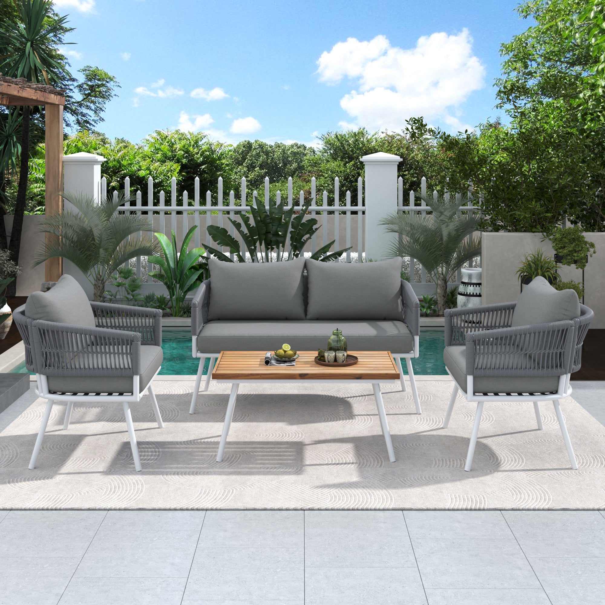 🆓🚛 4-Piece Patio Conversation Set, Outdoor Furniture with Acacia Wood Table, Patio Conversation Set with Deep Seating & Thick Cushion for Backyard Porch Balcony, Grey