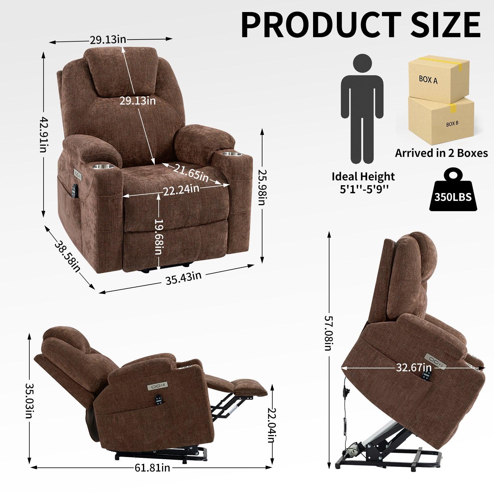 🆓🚛 Okin Motor Up To 350 Lbs Chenille Power Lift Recliner Chair, Heavy Duty Motion Mechanism With 8-Point Vibration Massage & Lumbar Heating, Usb & Type-C Ports, Stainless Steel Cup Holders, Brown