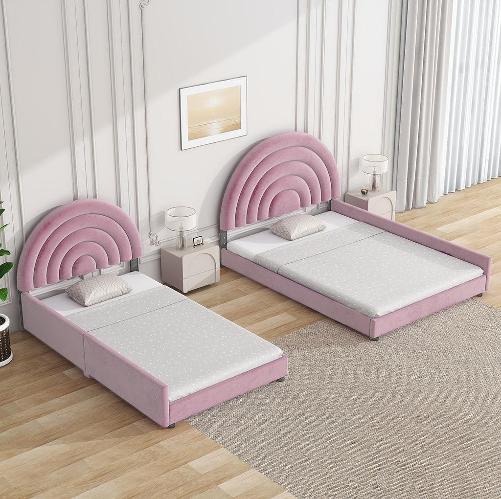 🆓🚛 Twin+Full Upholstered Platform Bed Set With Semicircular Headboard, Pink
