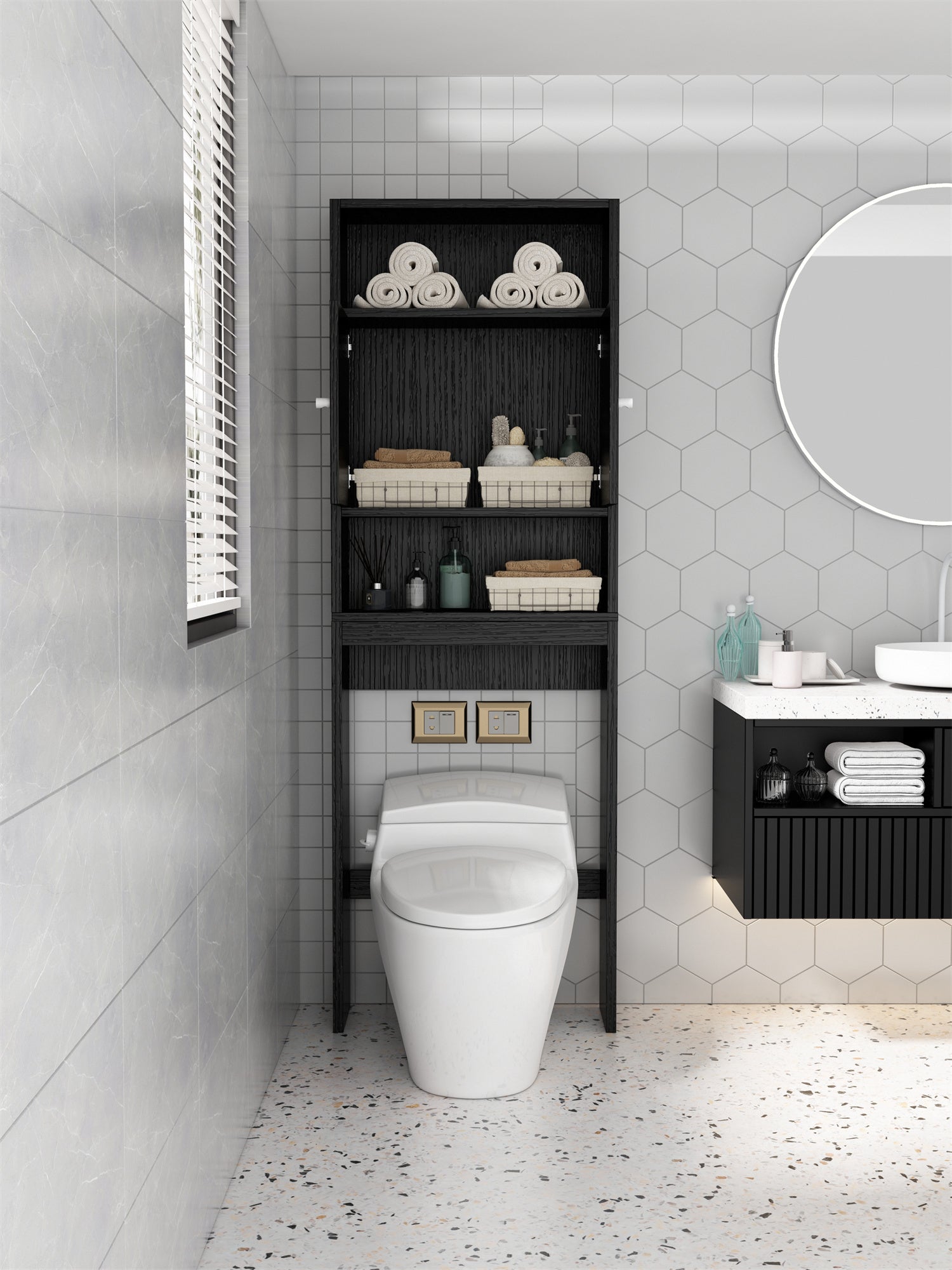 🆓🚛 Home Bathroom Shelf Over-The-Toilet, Bathroom Space saver, Bathroom, Toilet Storage Cabinet, Black