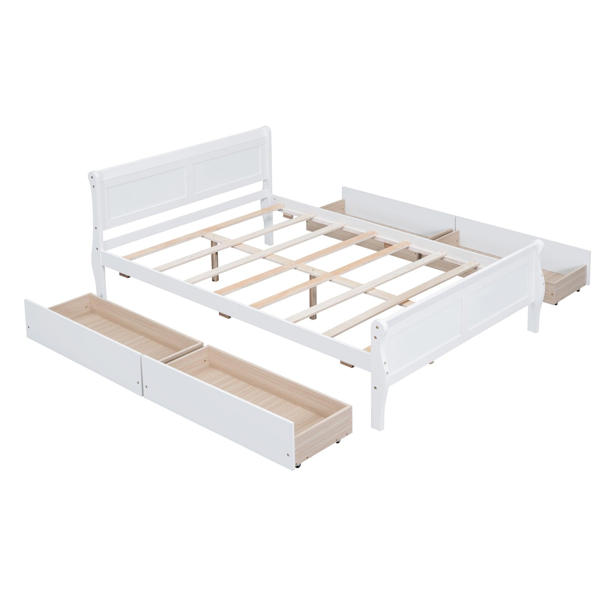 Full Size Wood Platform Bed with 4 Drawers and Streamlined Headboard & Footboard, White