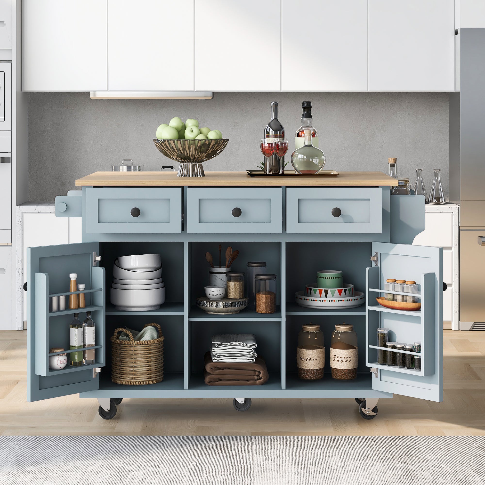 🆓🚛 Kitchen Cart With Rubber Wood Drop-Leaf Countertop, Cabinet Door Internal Storage Racks, Kitchen Island On 5 Wheels With Storage Cabinet & 3 Drawers for Dinning Room, Gray Blue