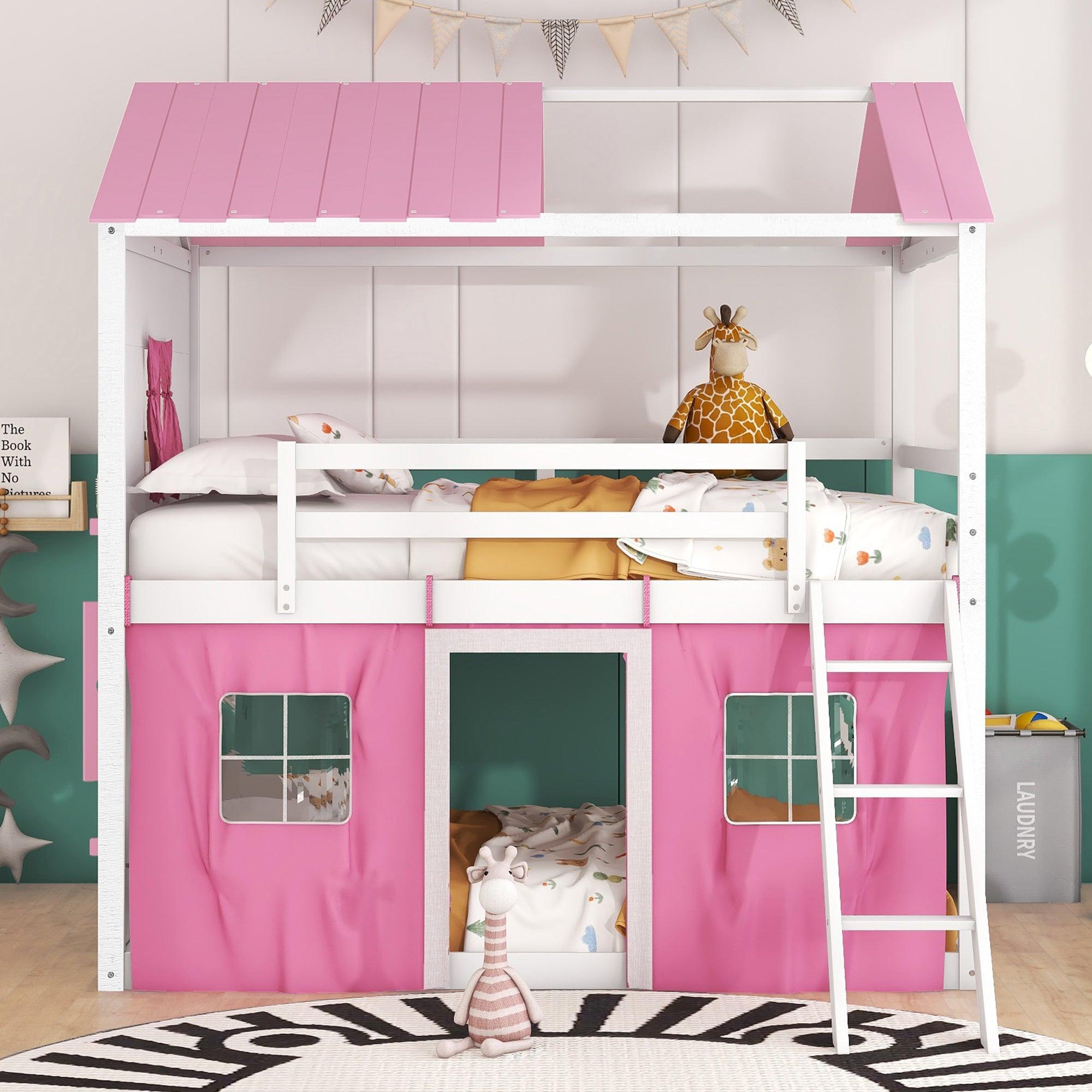 🆓🚛 Full Size Bunk Wood House Bed With Elegant Windows, Sills & Tent, Pink & White