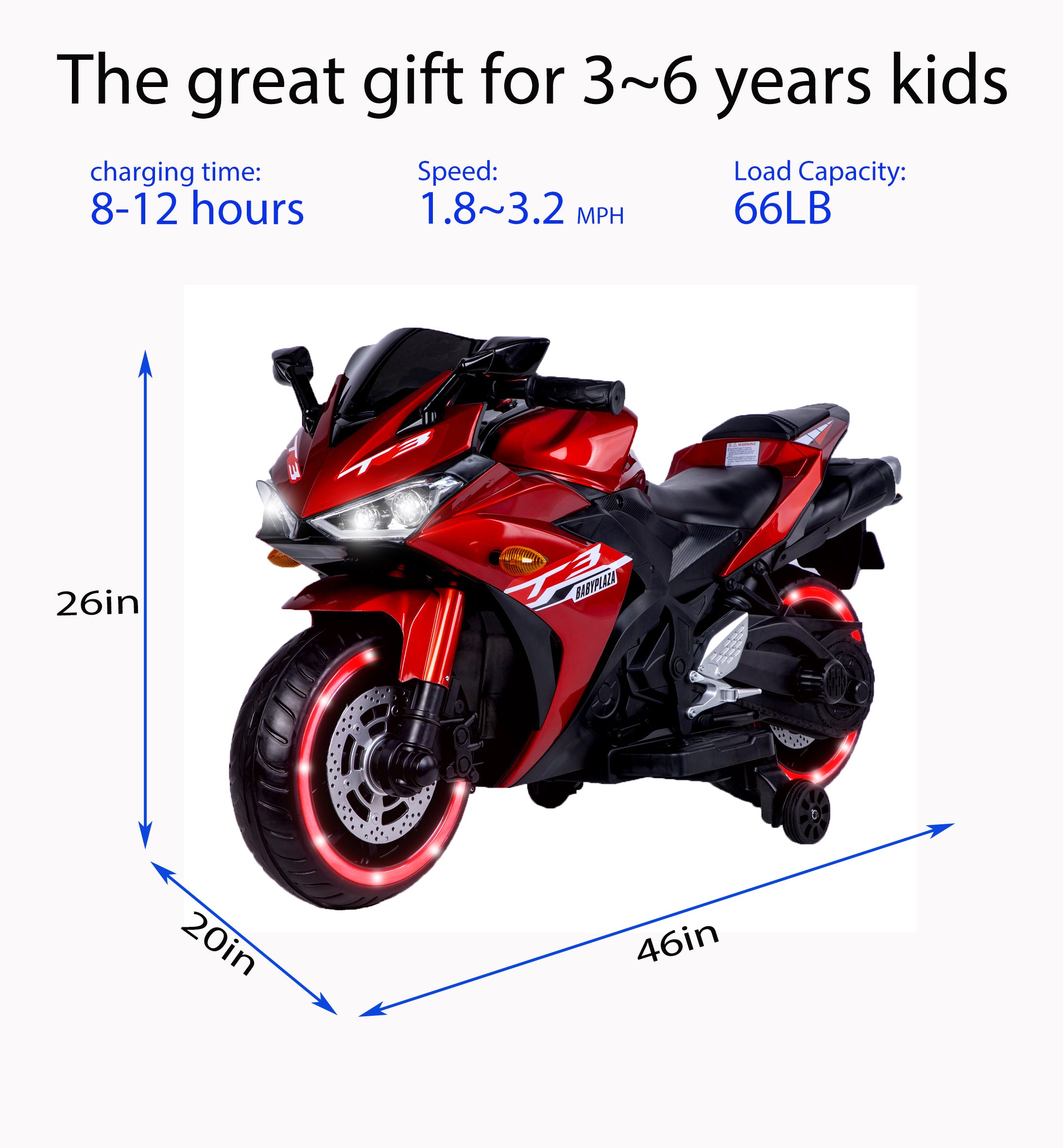 Tamco Kids Motorcycle 12V Motorcycle for Kids 3 4 5 6 Years Boys Girls 12V7Ah Kids Motorcycle Ride On Toy With Training Wheels/Manual Throttle/ Drive By Hand /Lightting Wheels