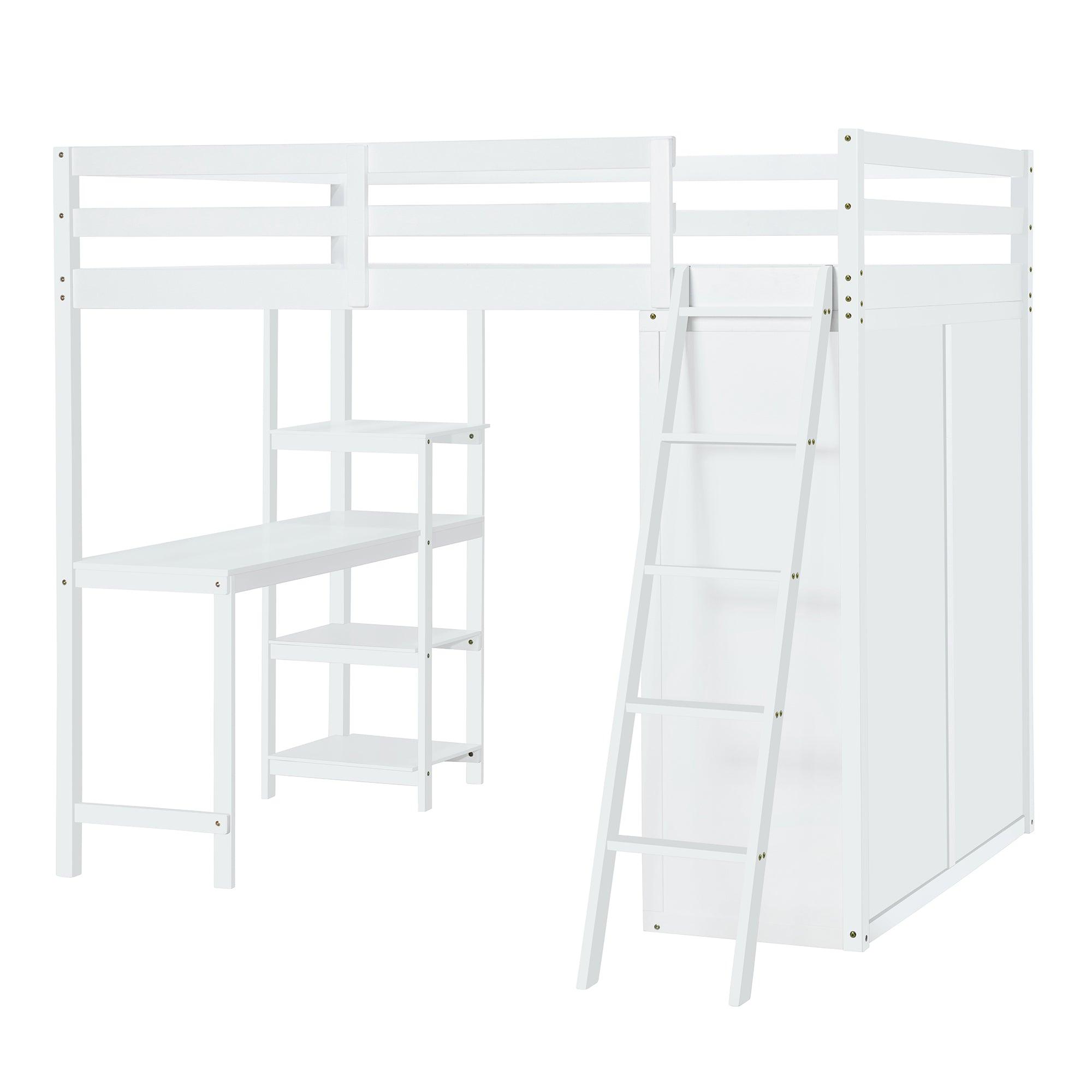 Full Size Loft Bed with Wardrobe and Desk and Shelves, White