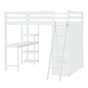 Full Size Loft Bed with Wardrobe and Desk and Shelves, White