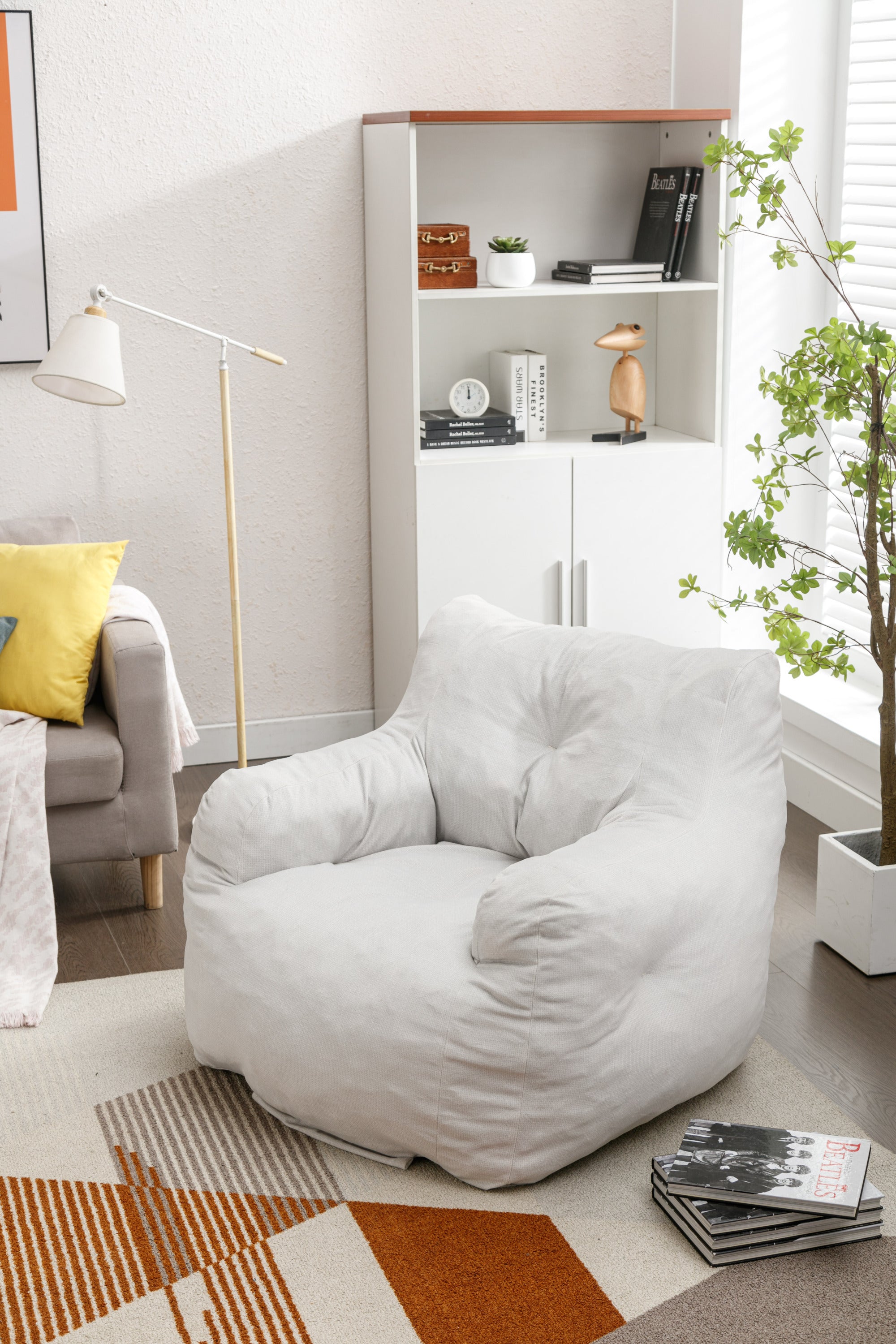 🆓🚛 Soft Cotton Linen Fabric Bean Bag Chair Filled With Memory Sponge, Ivory