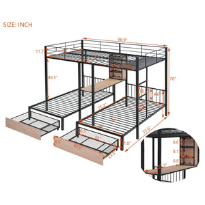 Full Over Twin & Twin Triple Bunk Bed with Drawers, Multi-functional Metal Frame Bed with desks and shelves in the middle, Black