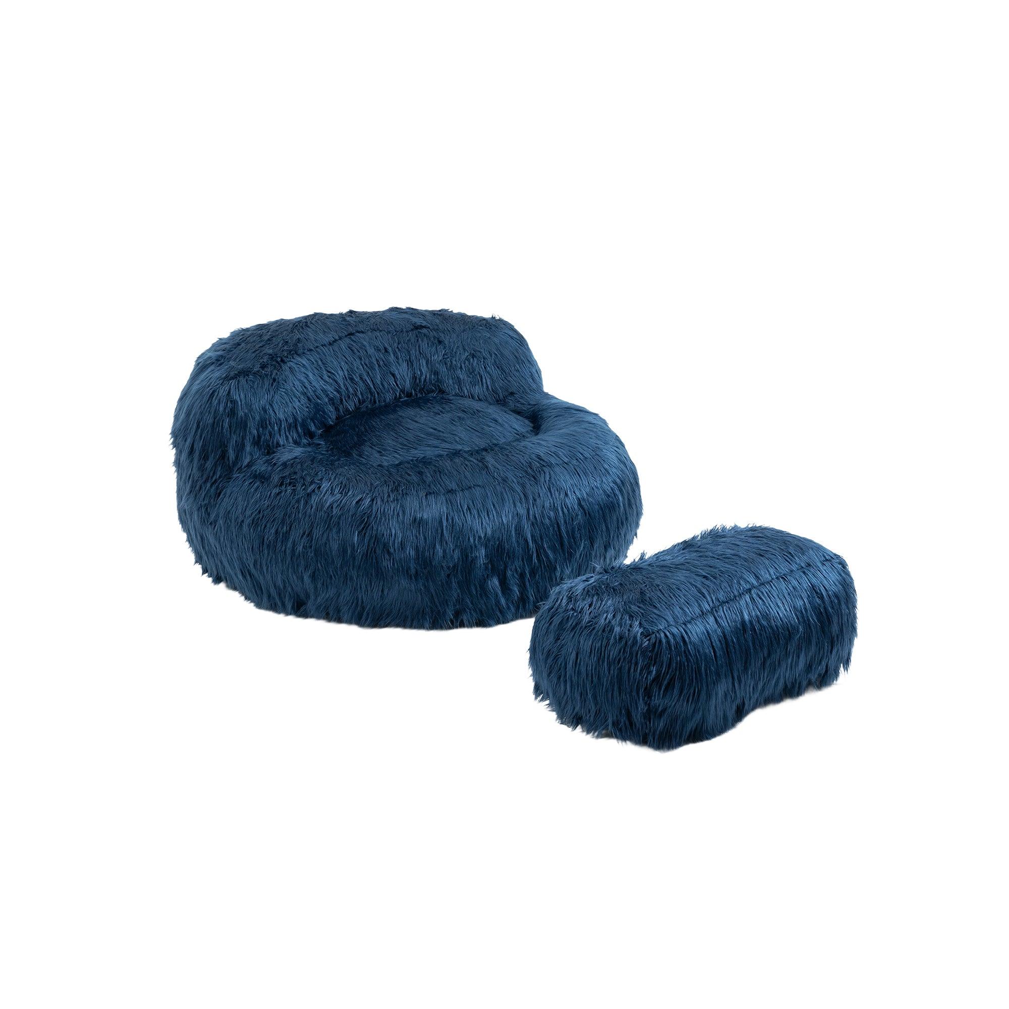 Gramanda 2-In-1 Bean Bag Chair Faux Fur Lazy Sofa & Ottoman Footstool For Adults And Kids - Navy