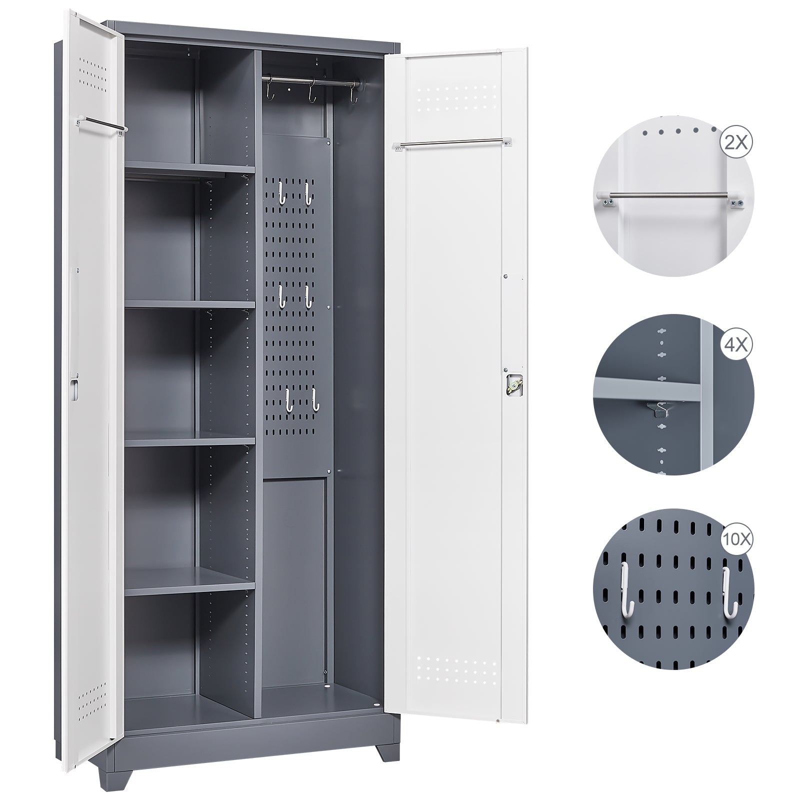 Metal Storage Cabinets, Cleaning Tool Cabinet With Locking Door, Tall Broom Tool Organizer and Storage, Large Storage Cabinet for Kitchen, Pantry, Office, Shop