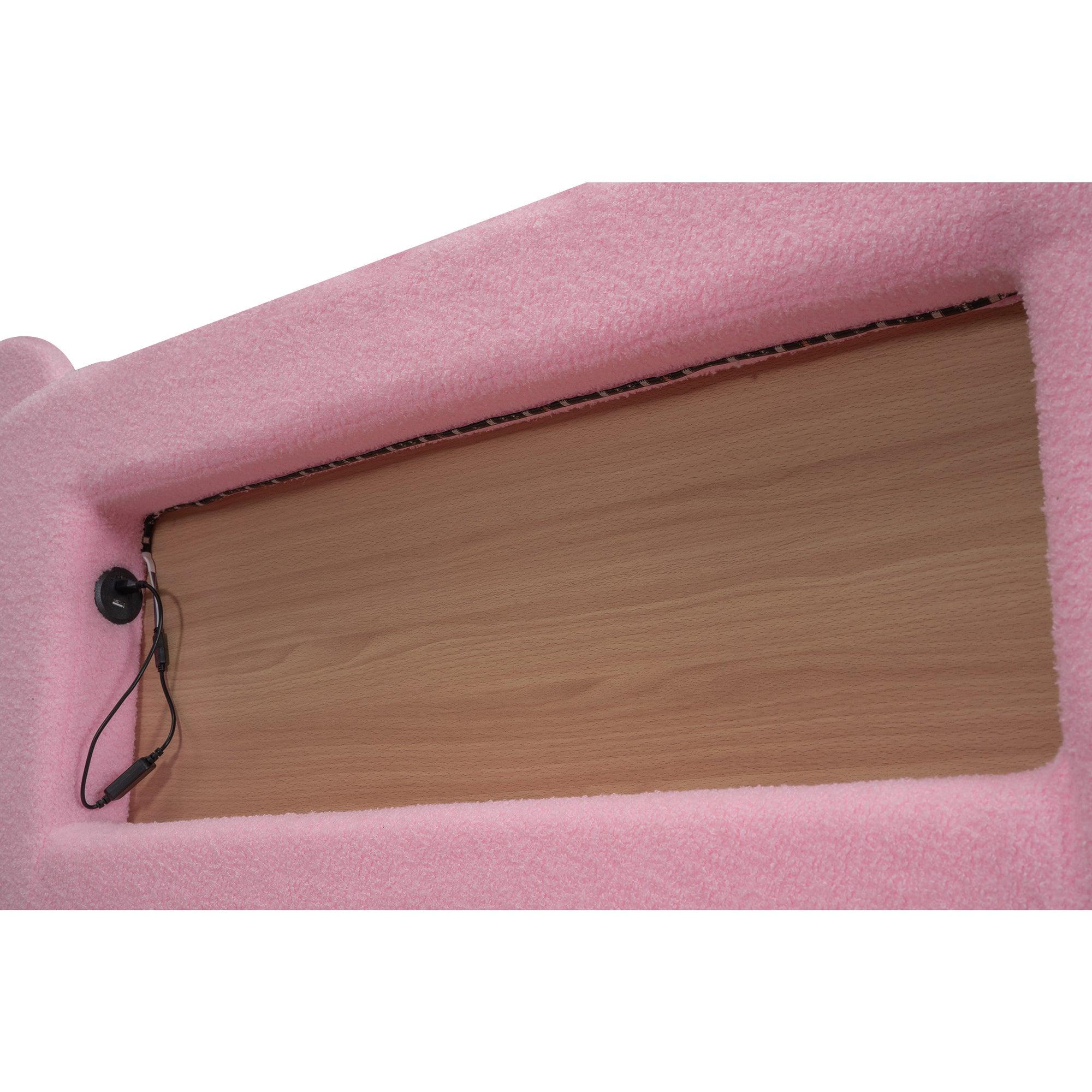 Full Size Upholstered Storage Platform Bed with Cartoon Ears Headboard, LED and USB, Pink