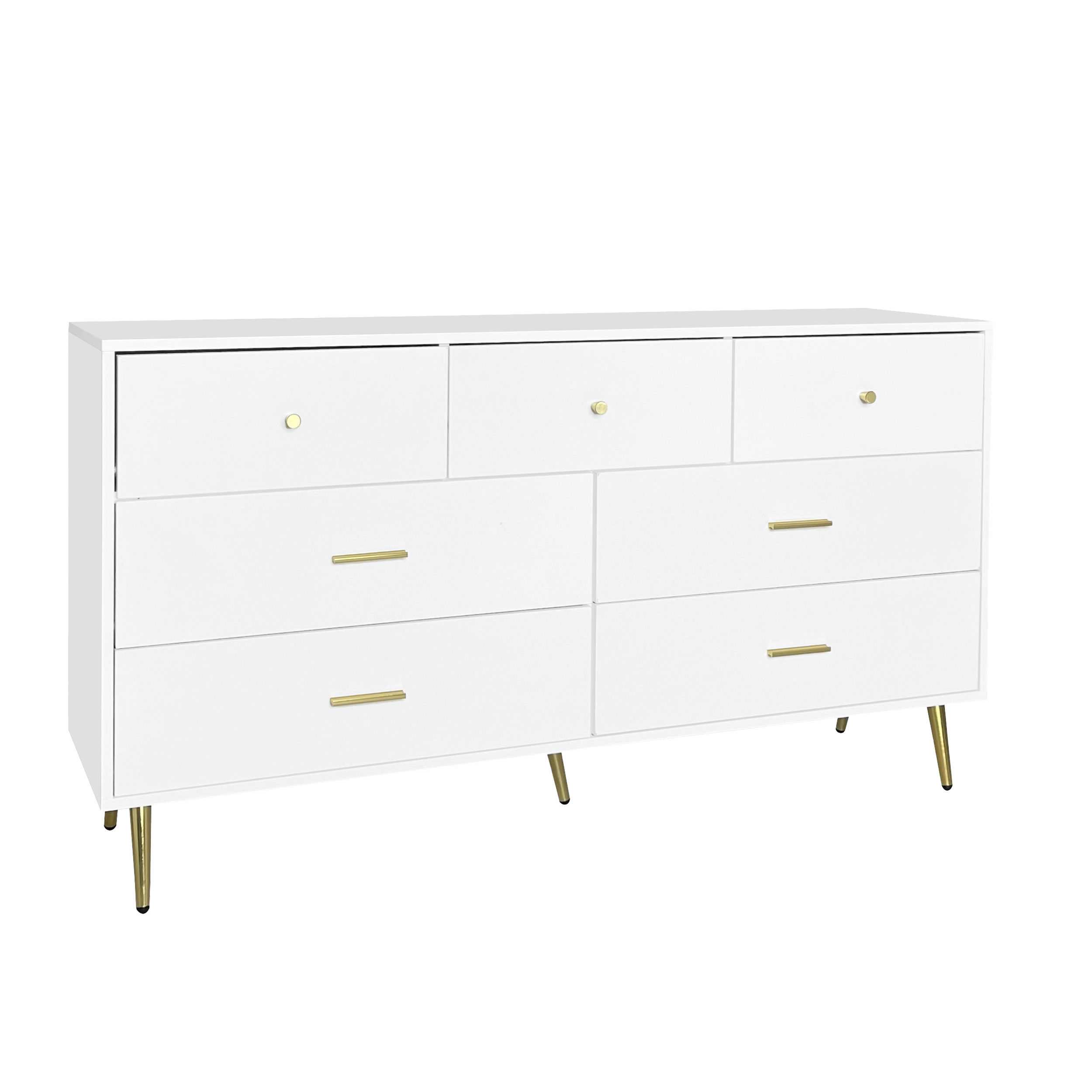 🆓🚛 7 Drawers Dresser With Golden Handle and Golden Legs, White