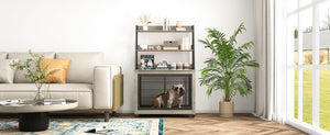 Furniture Style Dog Crate Side Table With Shelves, Equipped With Double Doors And A Raised Roof. Grey, 38.58 ''W X 25.5 ''D X 57 ''H