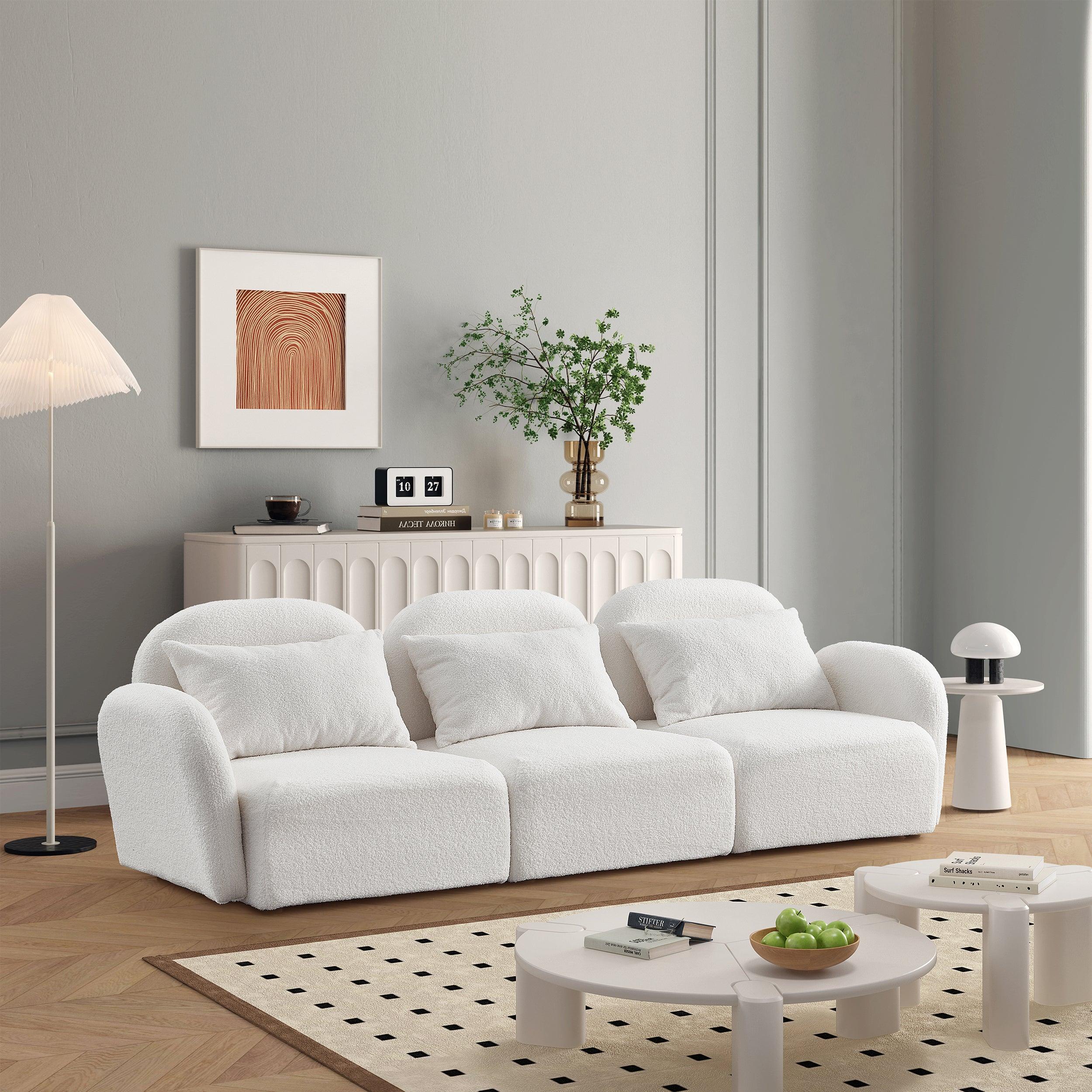 🆓🚛 Living Room Furniture Three Seat Lazy Sofa Teddy Fabric, White