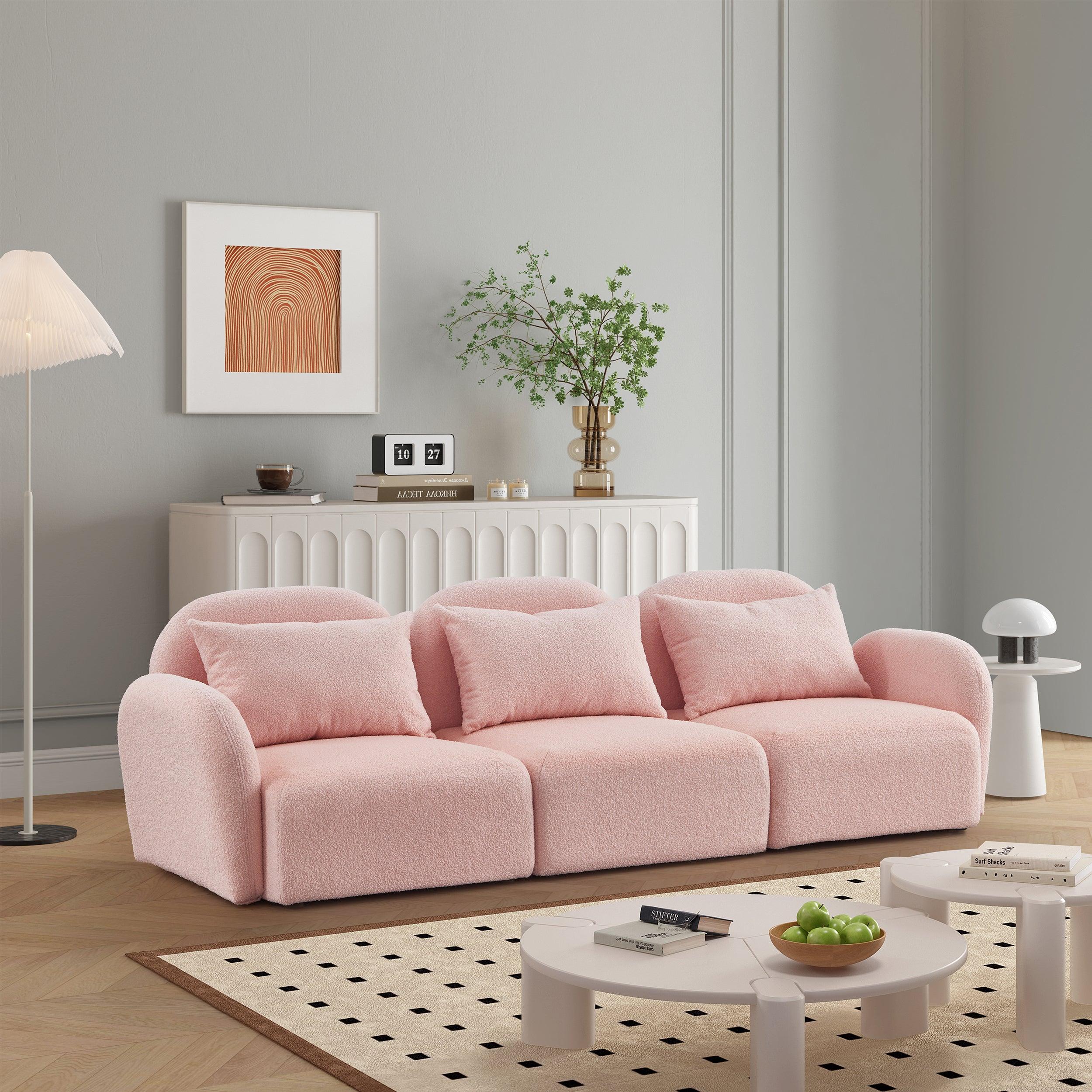 🆓🚛 Living Room Furniture Three Seat Lazy Sofa Teddy Fabric, Pink