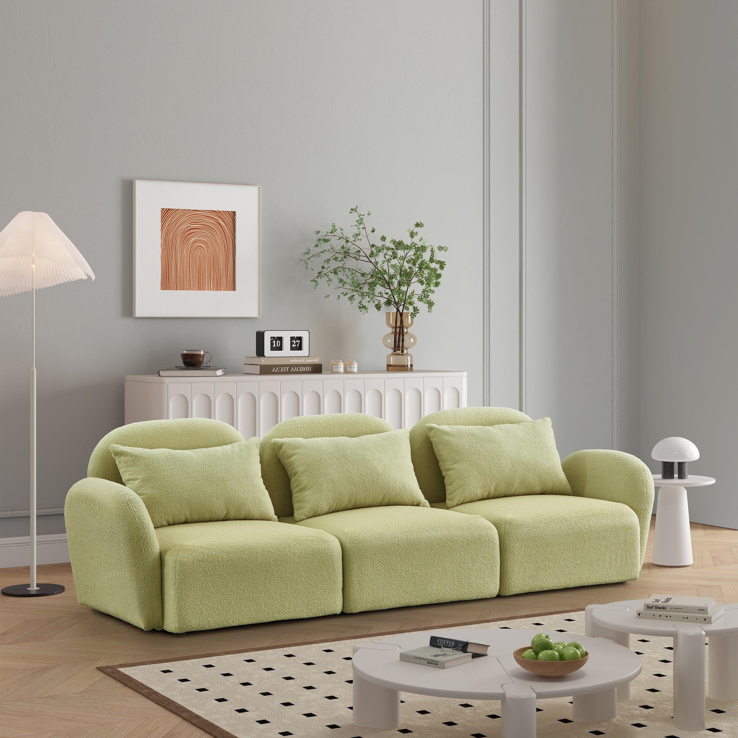 🆓🚛 Living Room Furniture Three Seat Lazy Sofa Teddy Fabric, Light Green