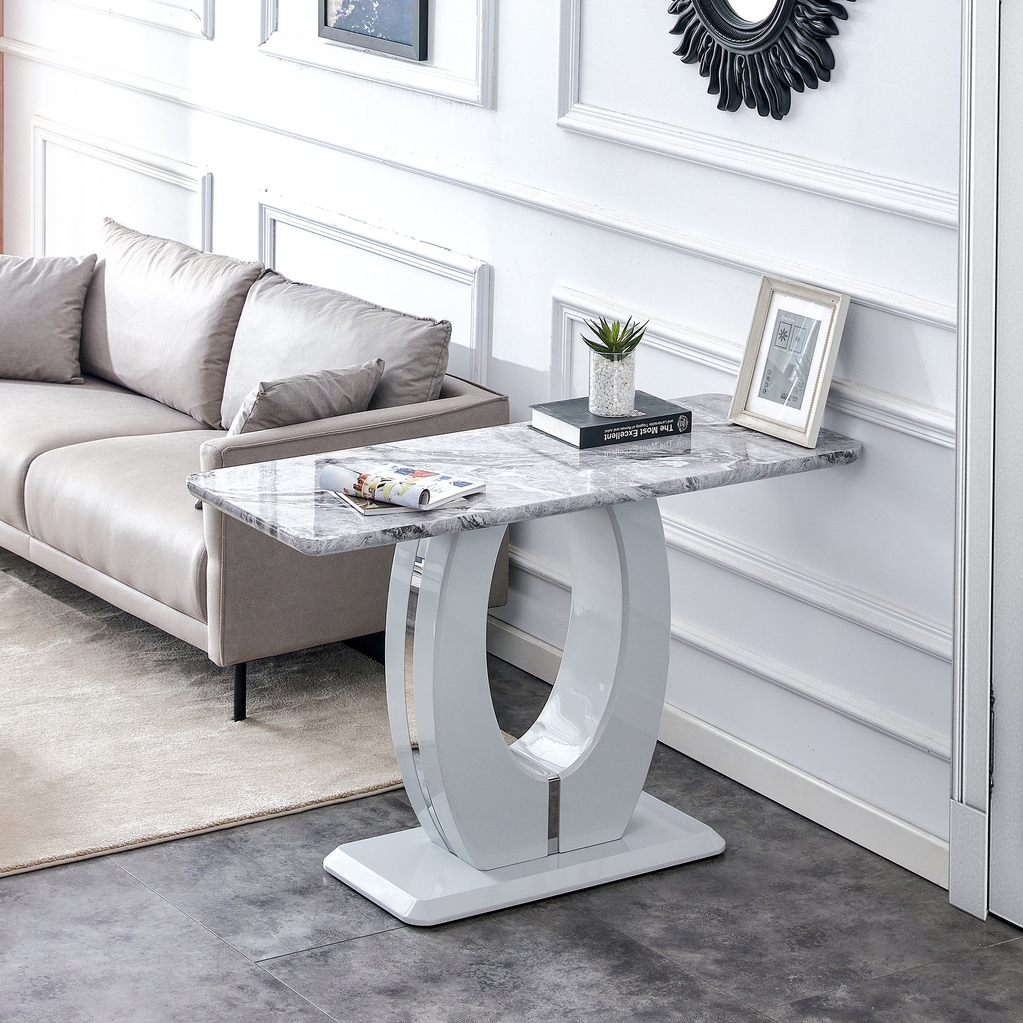 🆓🚛 Modern Minimalist Faux Marble Rectangular Console Table, Light Gray