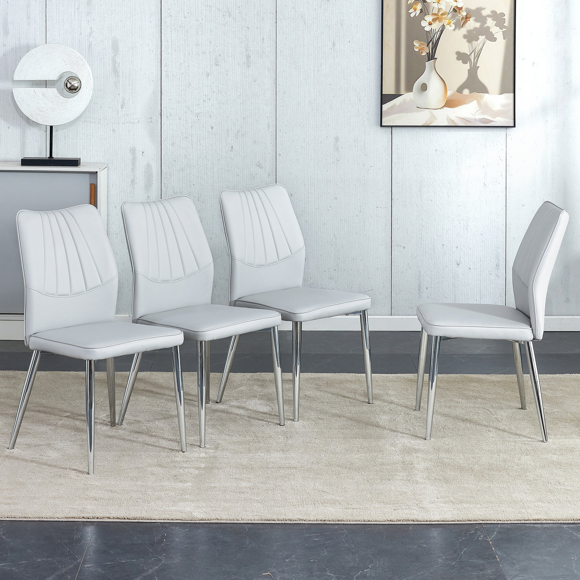 🆓🚛 4 Pu Dining Chairs With Soft Cushions, Silver Metal Legs, Suitable for Restaurants & Living Rooms, Light Gray