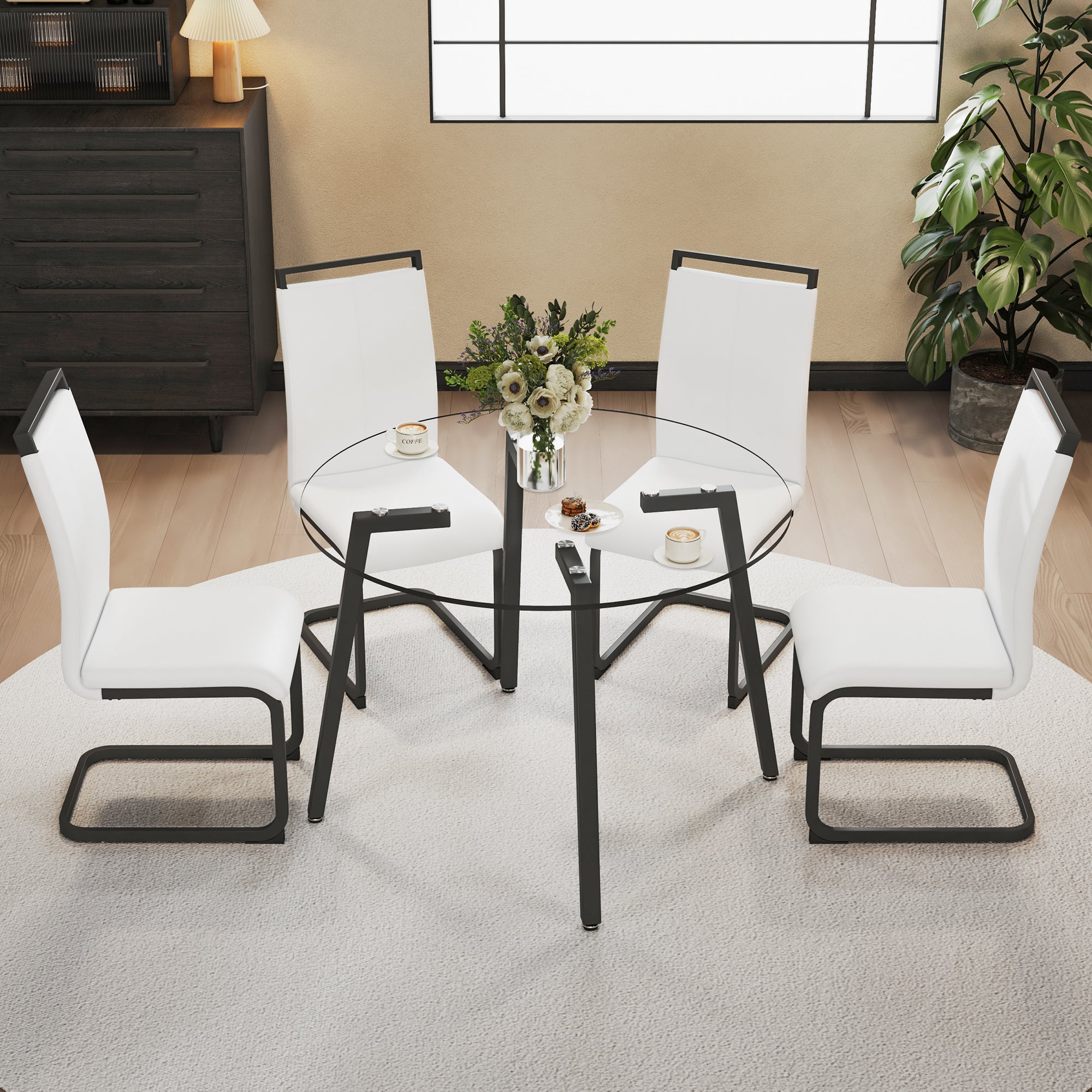 🆓🚛 Modern Simple Style Round Transparent Tempered Glass Table, Black Metal Legs, 4 Modern Pu Leather High Backrest Cushioned Side Chairs, C-Tube Chrome Legs