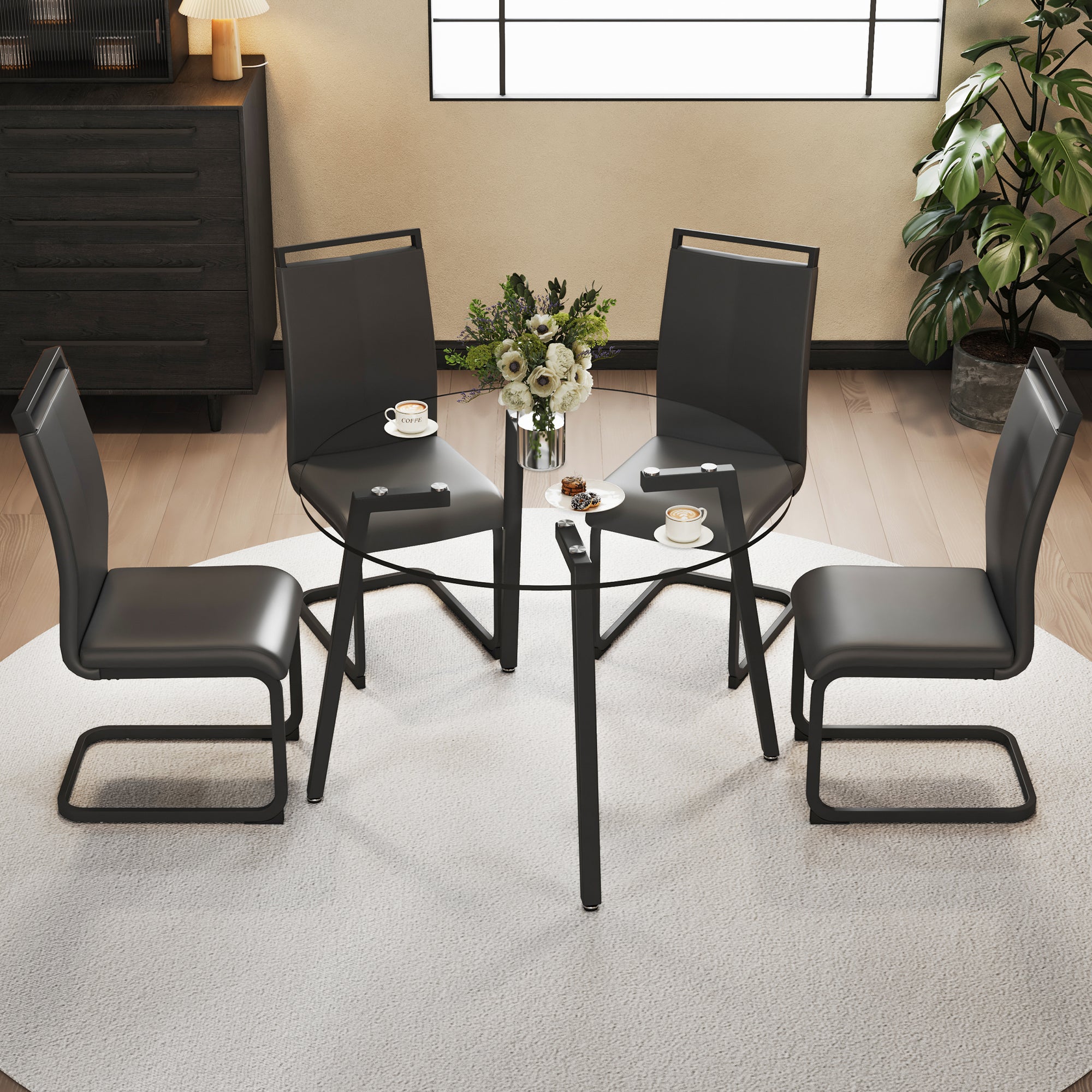 🆓🚛 Modern Simple Style Round Transparent Tempered Glass Table, Black Metal Legs, 4 Modern Pu Leather High Backrest Cushioned Side Chairs, C-Tube Chrome Legs