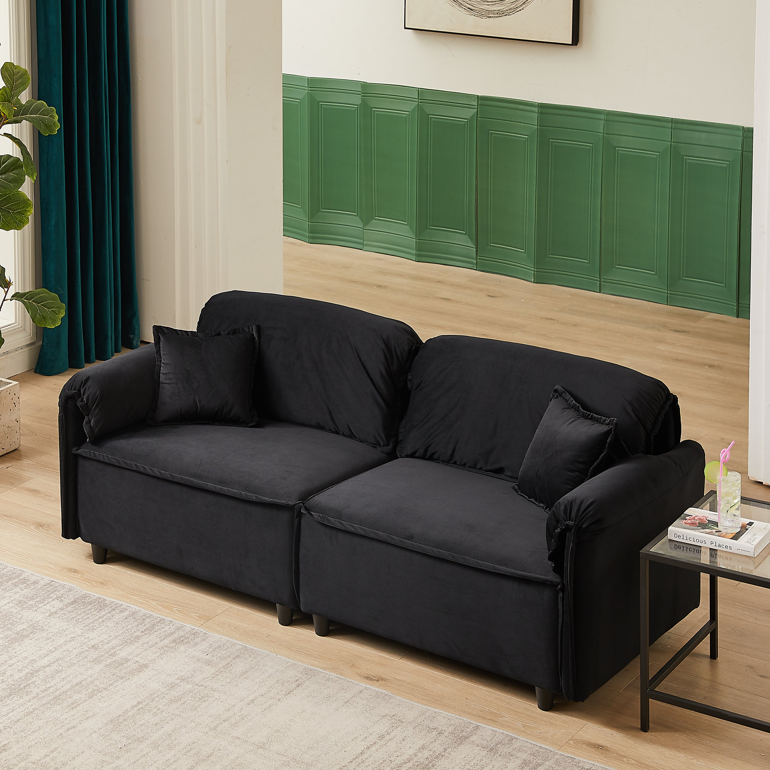 🆓🚛 79" Velvet Sofa, Upholstered Sofa With Pillows, Black
