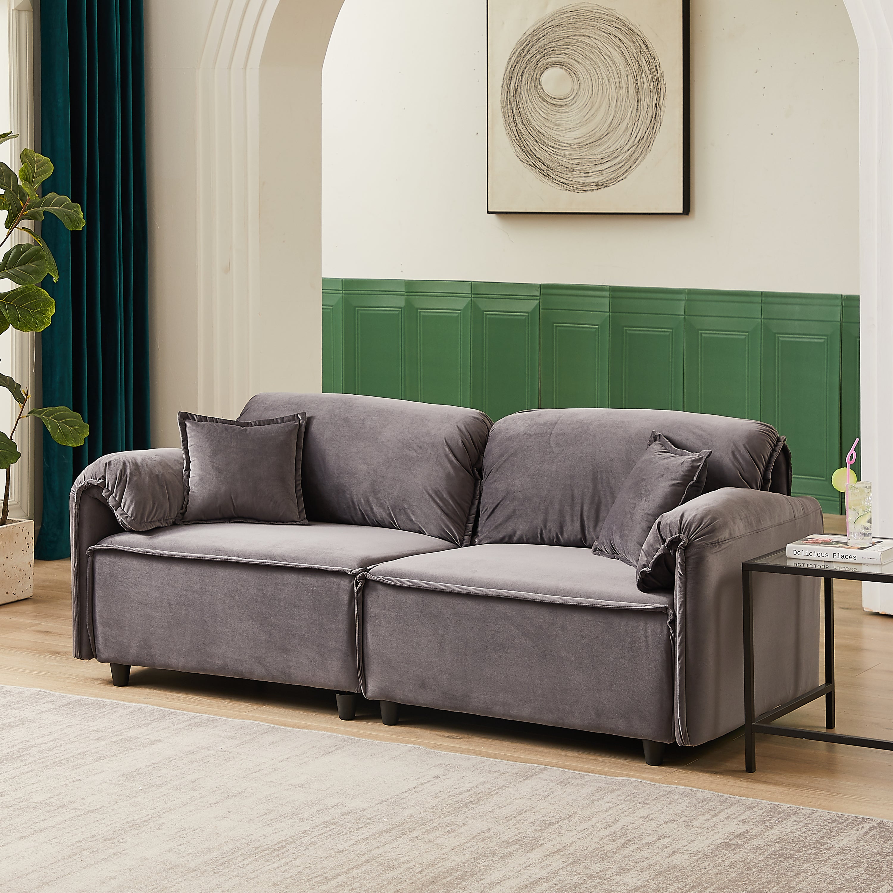 🆓🚛 79" Velvet Sofa, Upholstered Sofa With Pillows, Gray