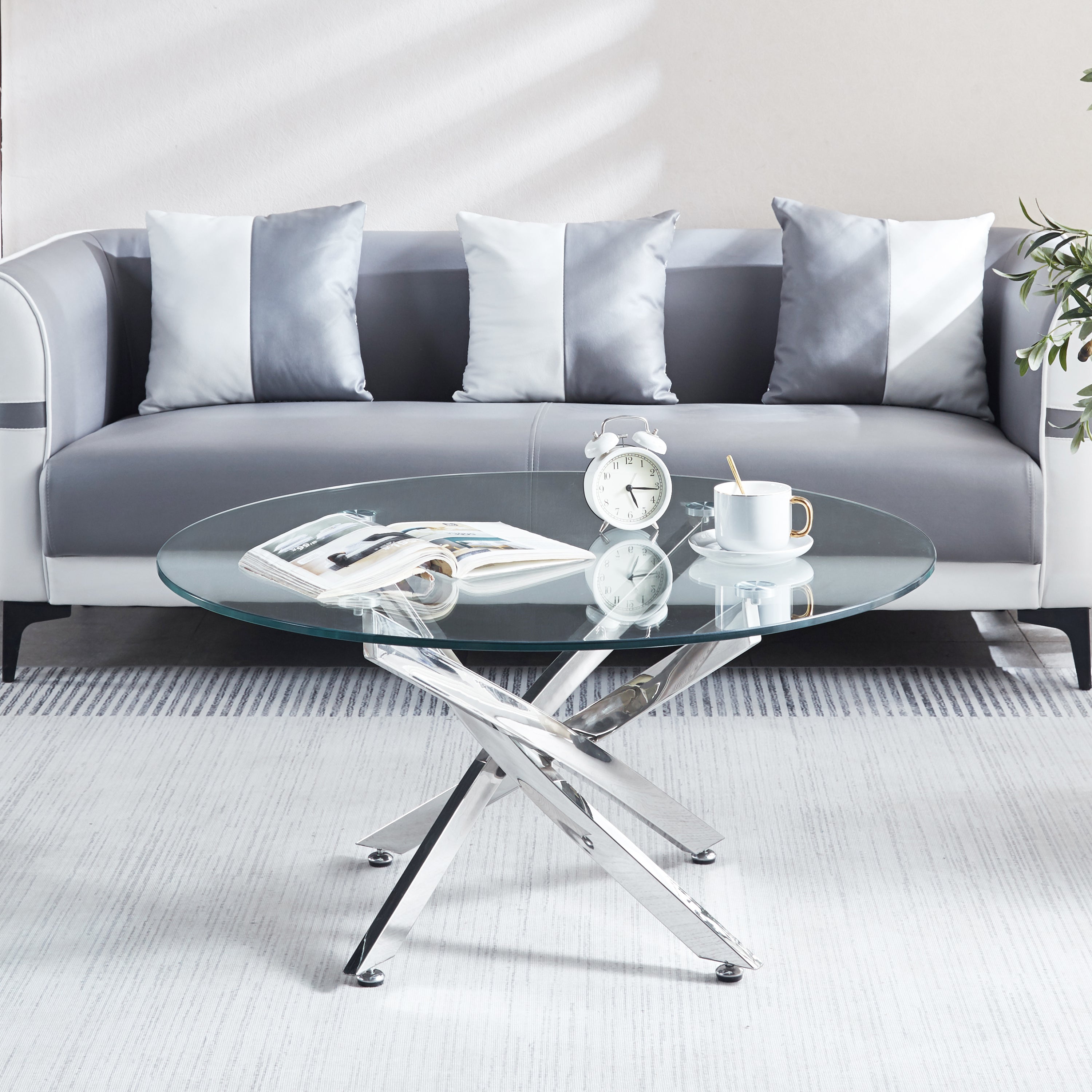 🆓🚛 Modern Round Tempered Glass Coffee Table With Chrome Legs