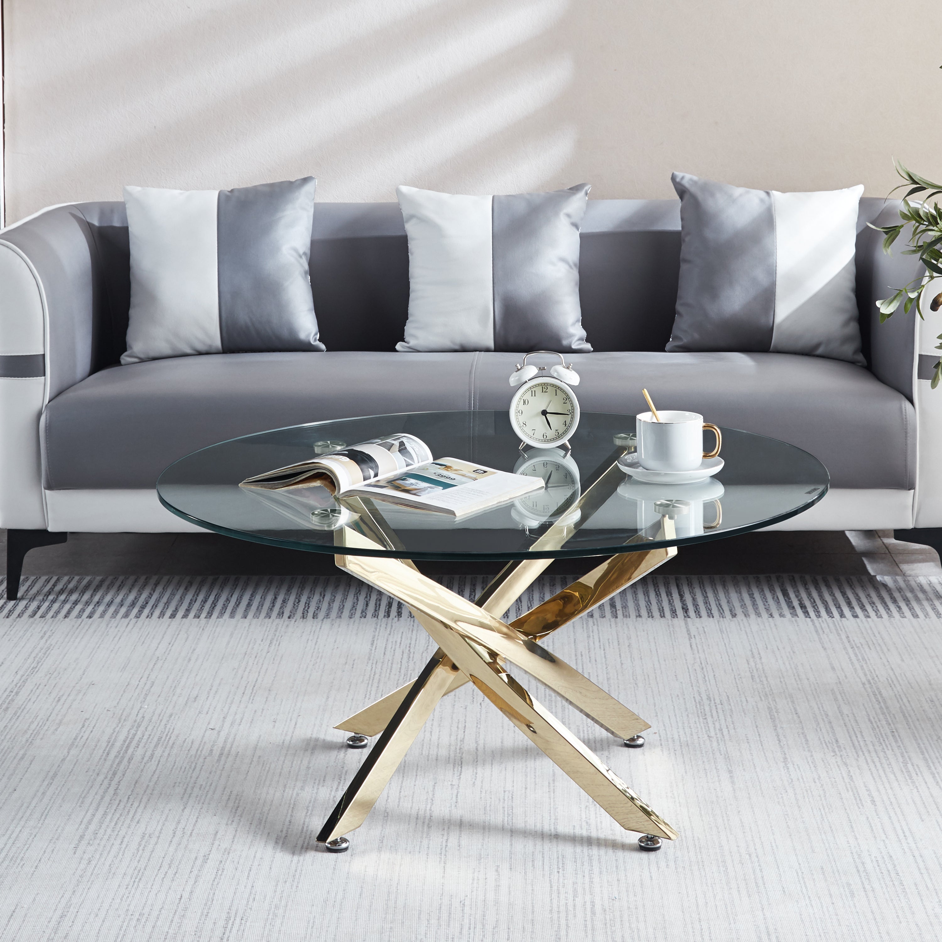 🆓🚛 Modern Round Tempered Glass Coffee Table With Golden Legs