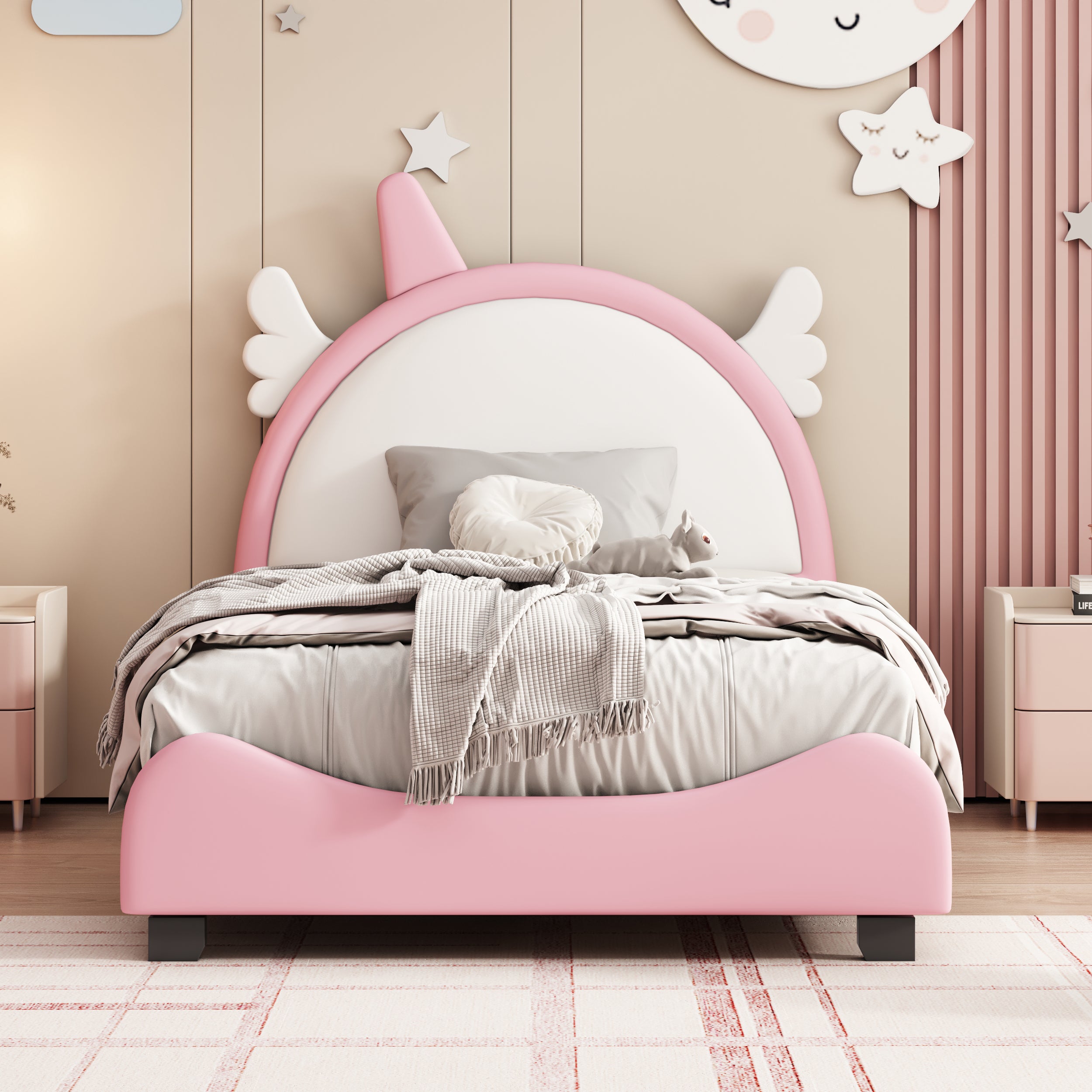 🆓🚛 Cute Twin Size Upholstered Bed With Unicorn Shape Headboard, Twin Size Platform Bed With Headboard and Footboard, White+Pink