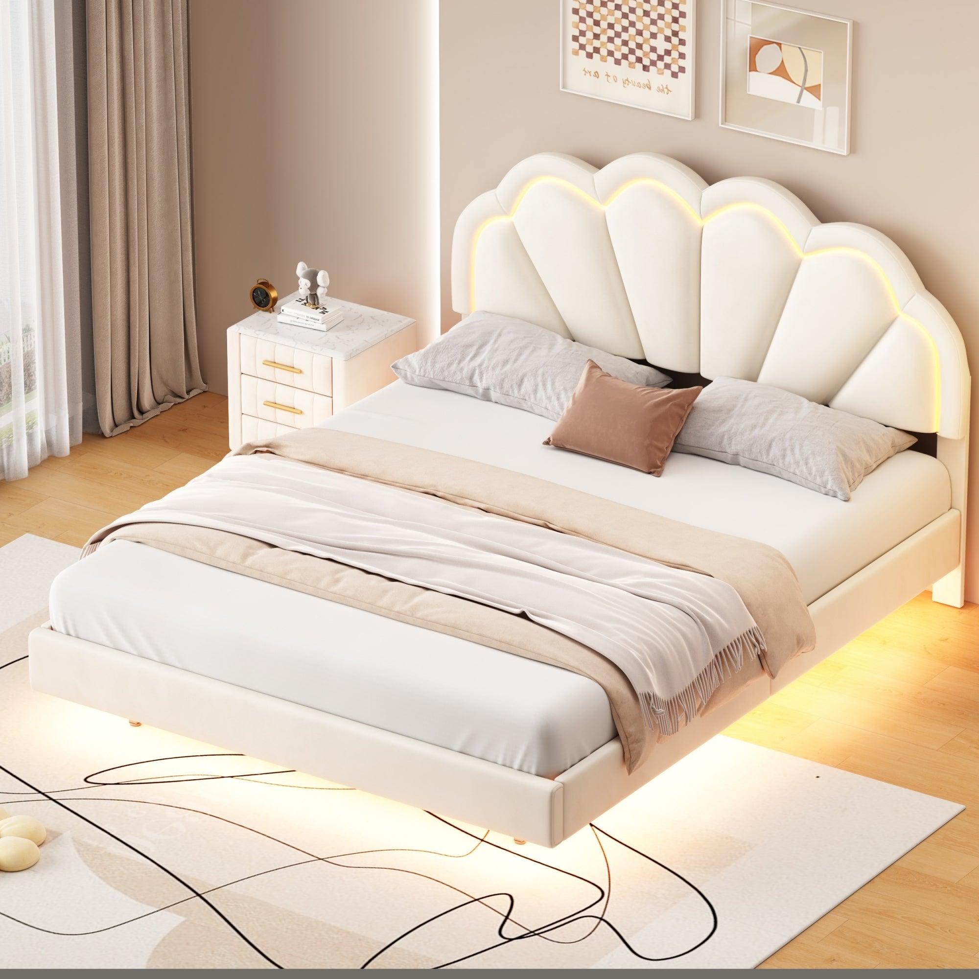 🆓🚛 Queen Upholstered Smart Led Bed Frame With Elegant Flowers Headboard, Floating Velvet Platform Led Bed With Wooden Slats Support, Beige