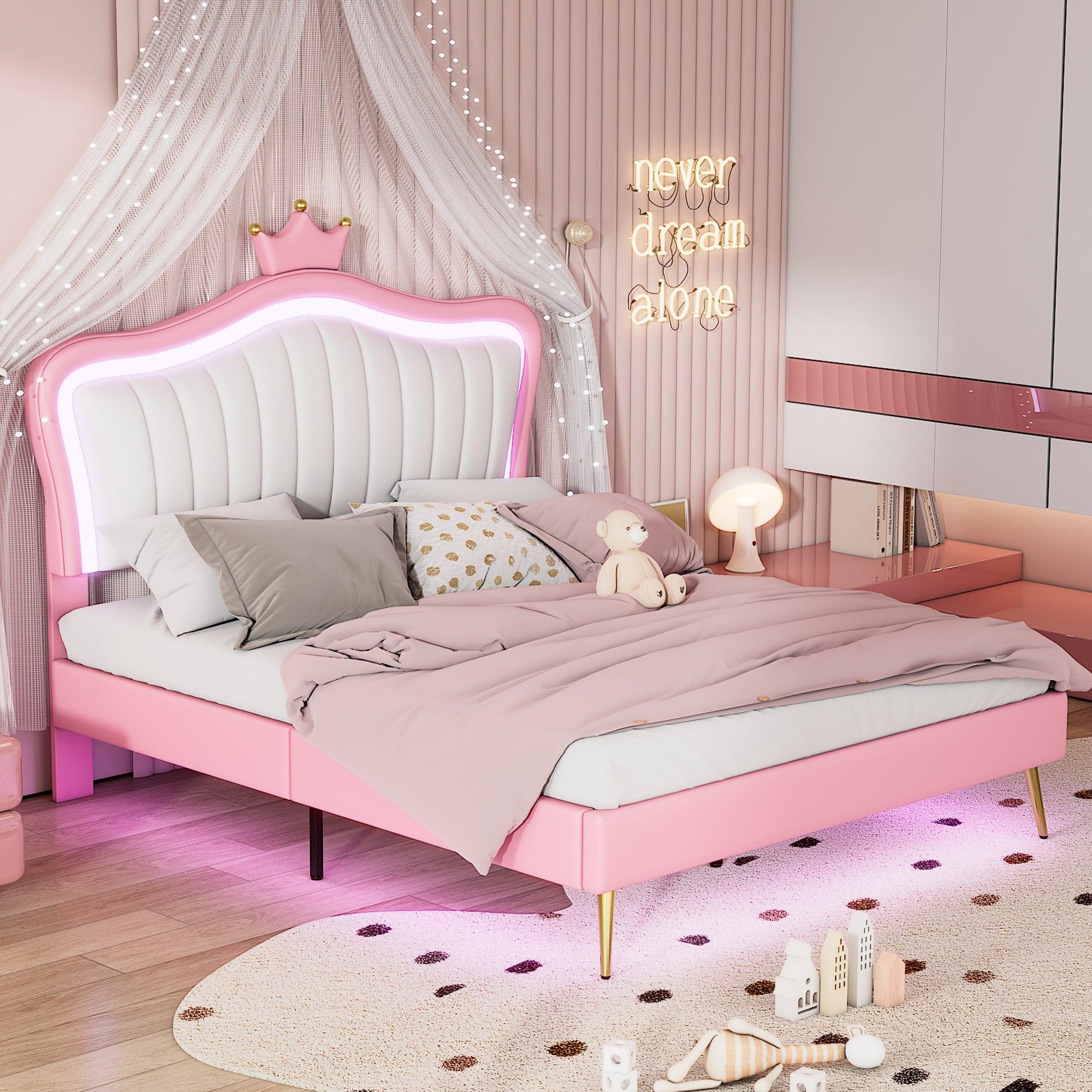 🆓🚛 Queen Size Upholstered Bed Frame with LED Lights, Modern Upholstered Princess Bed With Crown Headboard, White & Pink