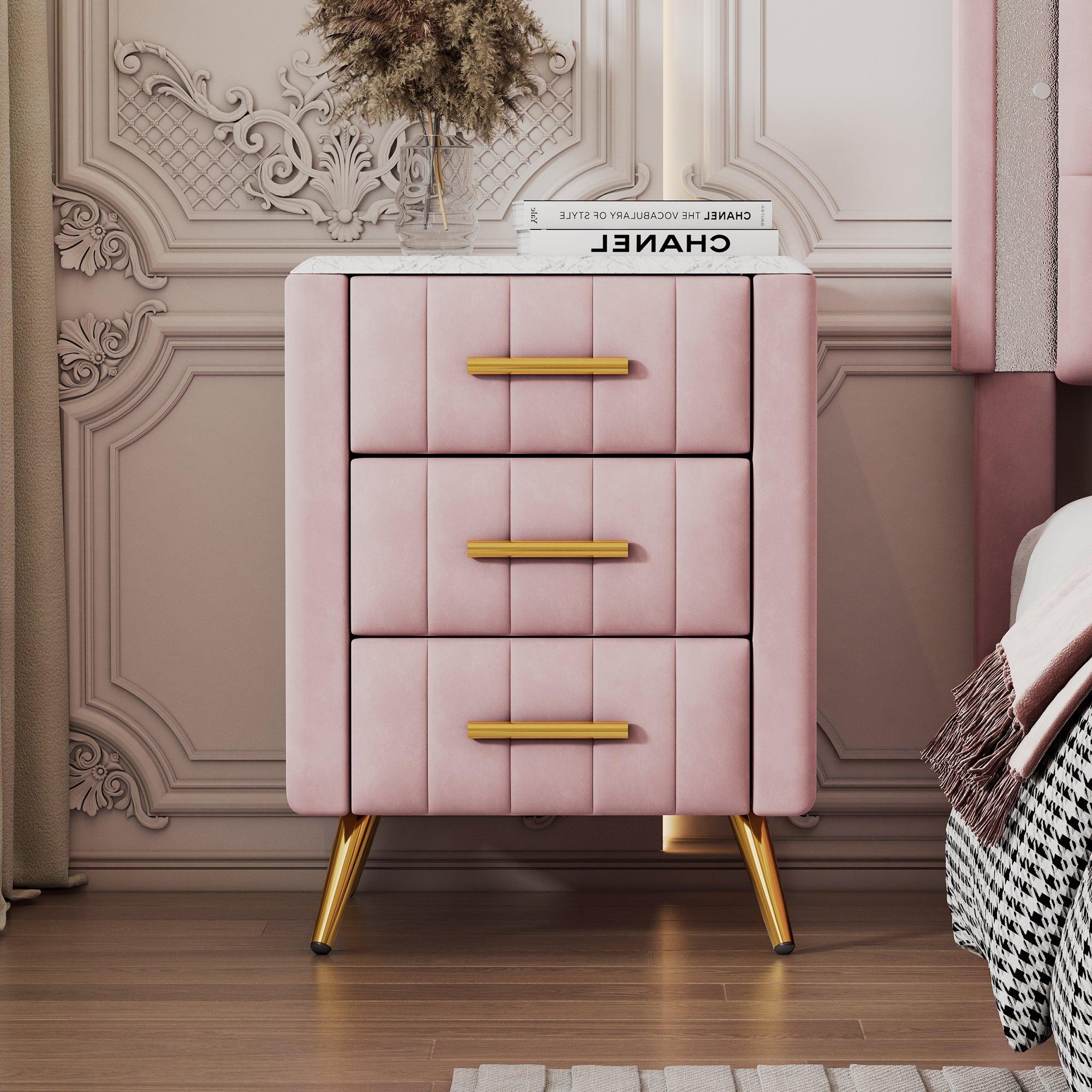 🆓🚛 Upholstered Wooden Nightstand With 3 Drawers & Metal Legs&Handles, Fully Assembled Except Legs & Handles, Bedside Table With Marbling Worktop - Pink