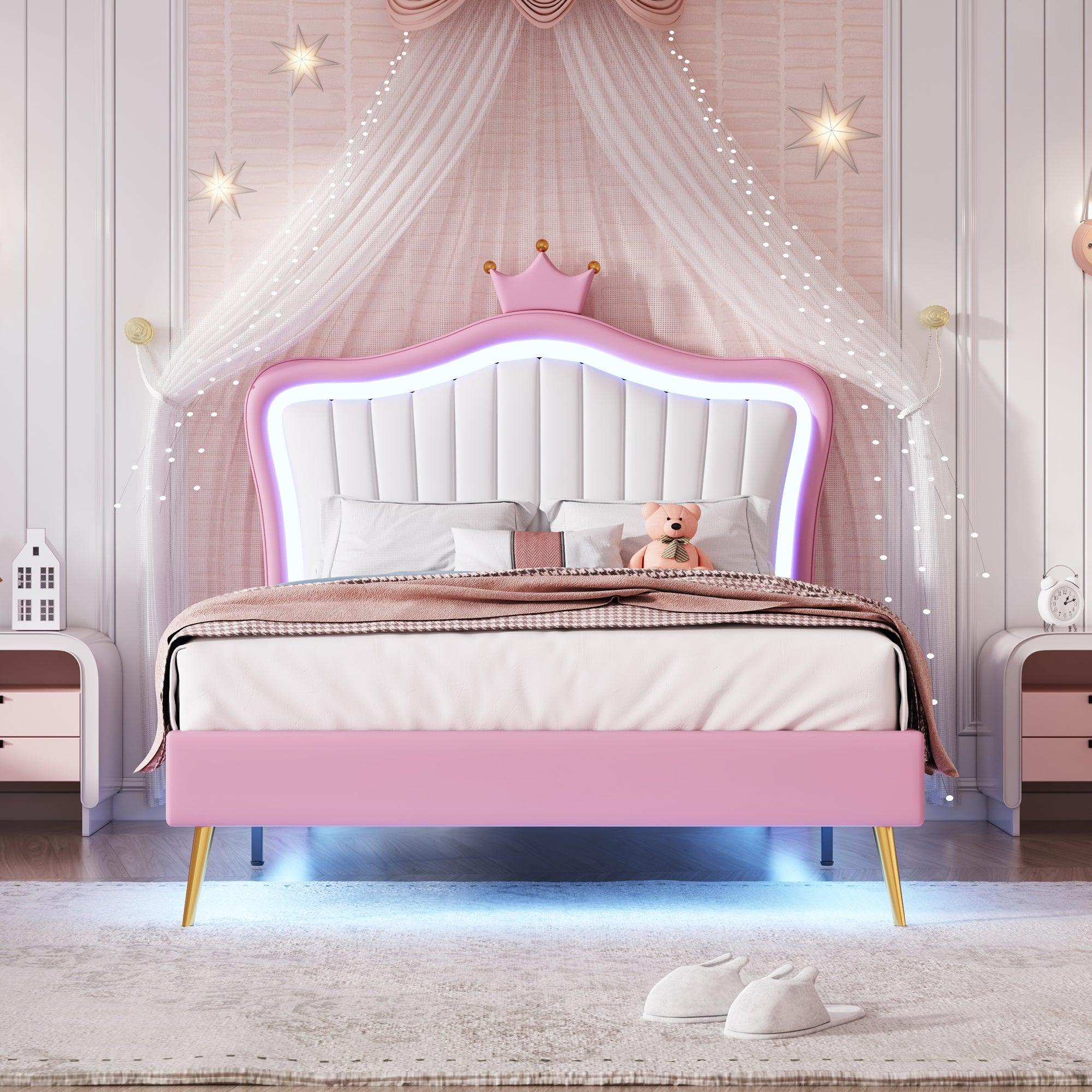 🆓🚛 Twin Size Upholstered Bed Frame With Led Lights, Modern Upholstered Princess Bed With Crown Headboard, White & Pink